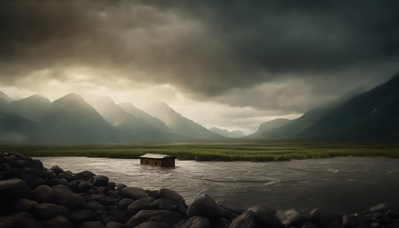 an image of a flood from Noah's time with the ark and the mountains