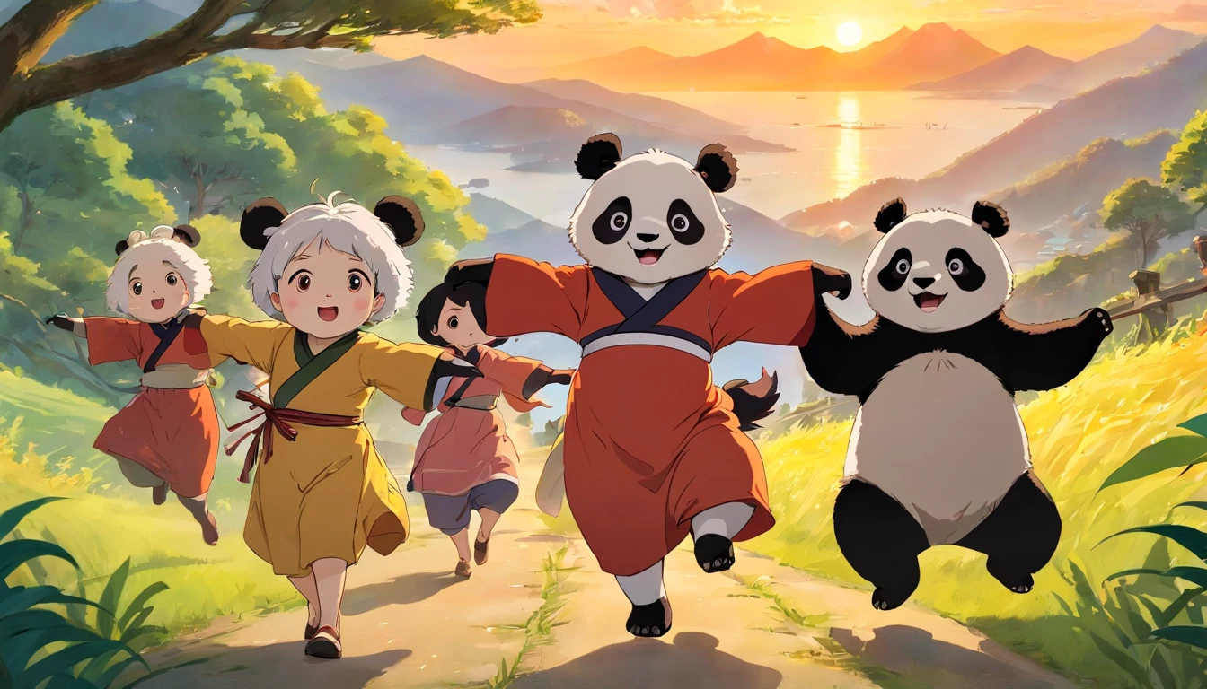 Masterpiece, Best quality, Close-up, Bright, cheerfulness, Warm and soft lighting, Sunset,A group of children dance hand in hand,Wearing Zhuang costumes,High hills,A juvenile cute giant panda