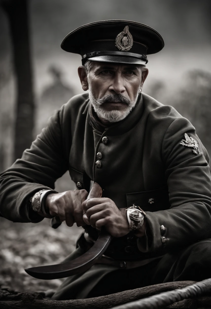 guerreiro com espada, trajado Cenario Cinematografico anbiente escuro, posicionado pra guerra preto e branco full hd