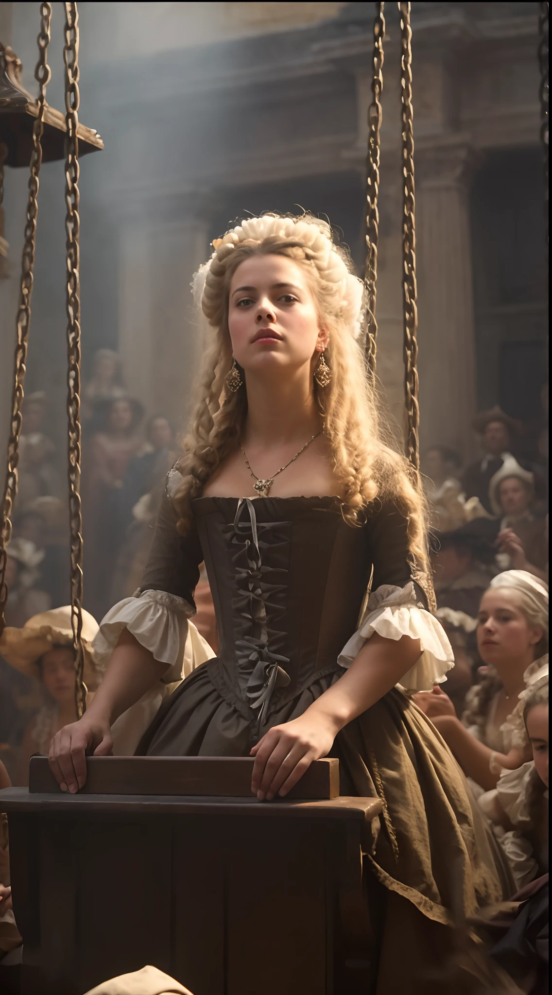 Foto RAW, foto retrato Marie Antoinette in a dress sitting on a swing, a portrait, inspired by Jean-François de Troy, shutterstock, baroque, movie screencap, female blacksmith, samara weaving, brown corset, 1666, cinestill 8 0 0, marie antoinette, amazing beauty, b, pirates, 1647, sombras duras, Cinematic Shot, dramatic lighting