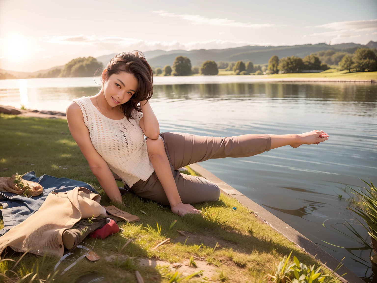 there is a woman sitting on the grass by the water, sitting in front of a lake, sitting at a pond, sitting on the ground, sitting near a river, casual pose, on a lake, lake in the background, standing next to water, in a park and next to a lake, at the park on a beautiful day, at the waterside