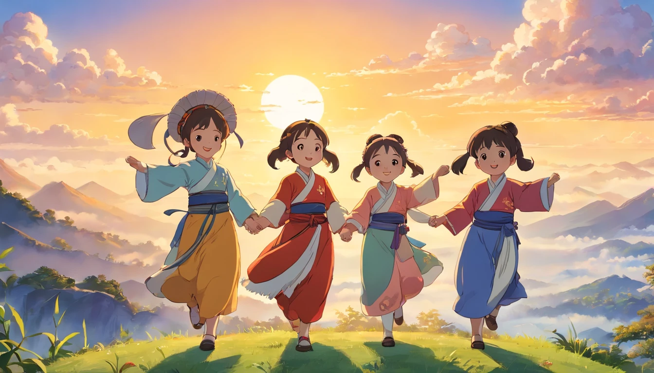 "(best quality,highres,masterpiece:1.2),close-up,dazzling,sunny,happy,warm and gentle lighting, sunset, a group of children holding hands and dancing, dressed in traditional Zhuang costumes, mountains, a cute baby giant panda"