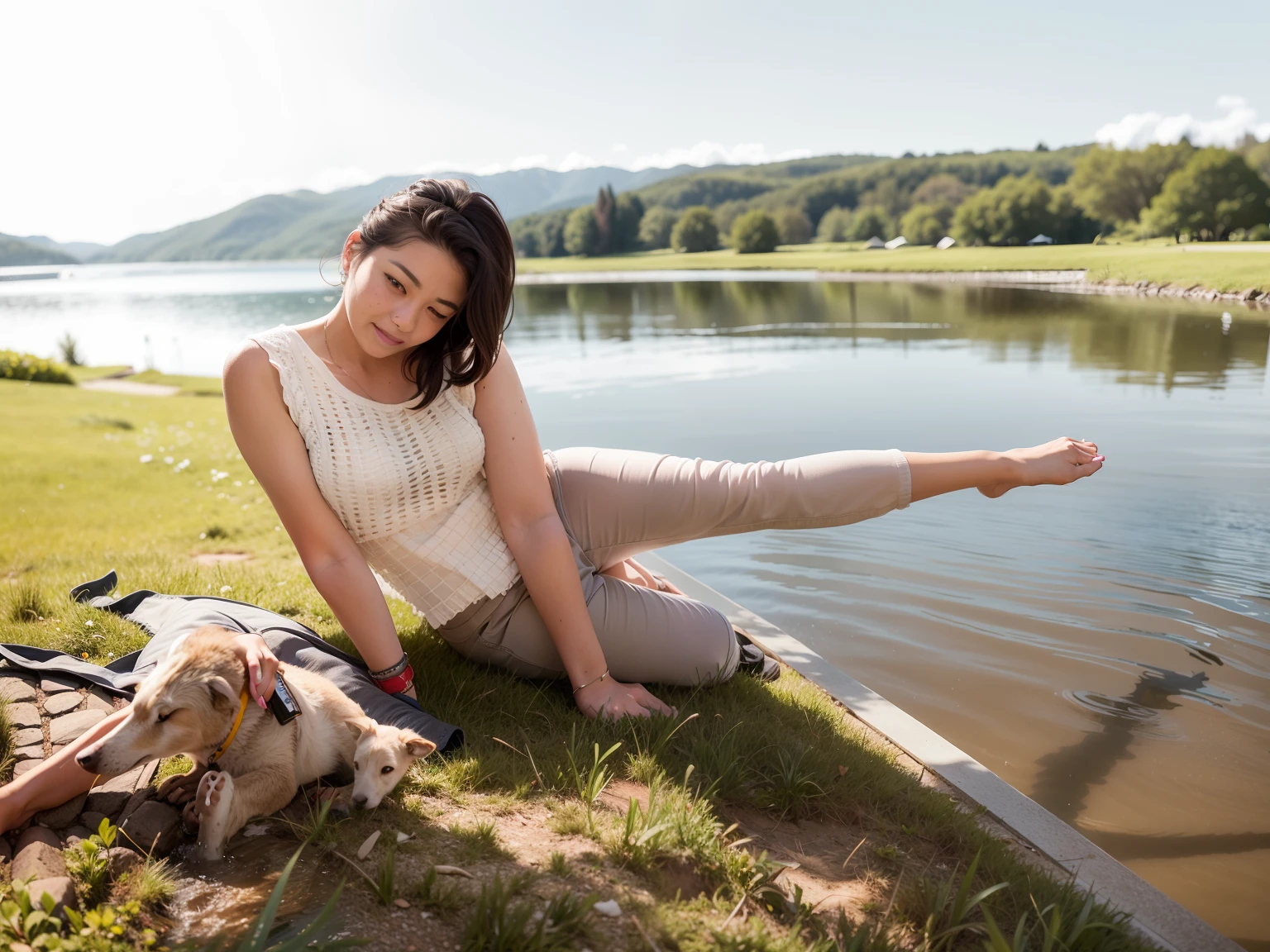 there is a woman sitting on the grass by the water, sitting in front of a lake, sitting at a pond, sitting on the ground, sitting near a river, casual pose, on a lake, lake in the background, standing next to water, in a park and next to a lake, at the park on a beautiful day, at the waterside
