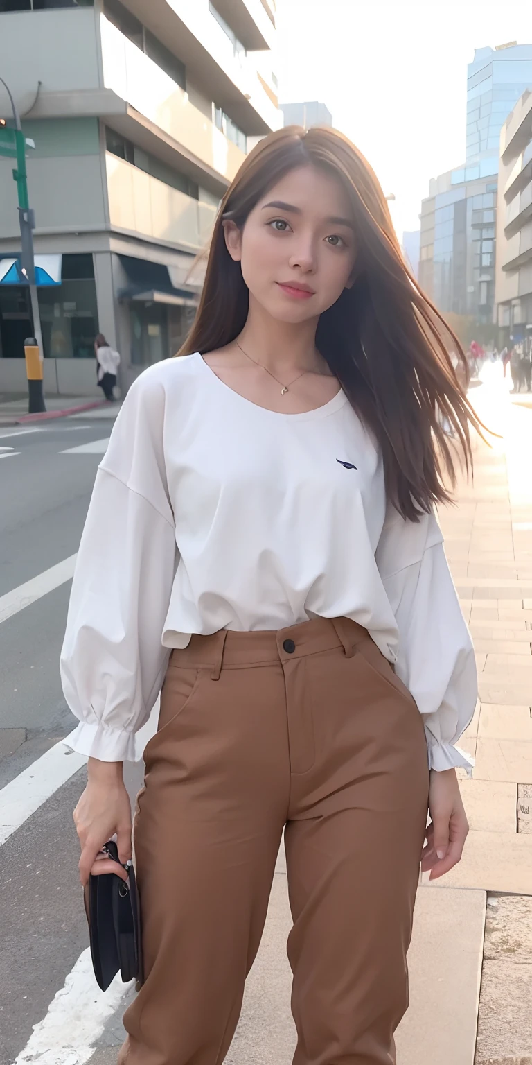 mix4, 20d, solo, long_hair, camisa, Pants and Blaze, salto alto, full_body, look_at_viewer, (8k, foto RAW, melhor qualidade, obra-prima: 1.2), On the street full of buildings (realista, fotorrealista: 1.37), profesional lighting, photon maping, radiosidade, Physically-based rendering, cabelo castanho longo cacheado