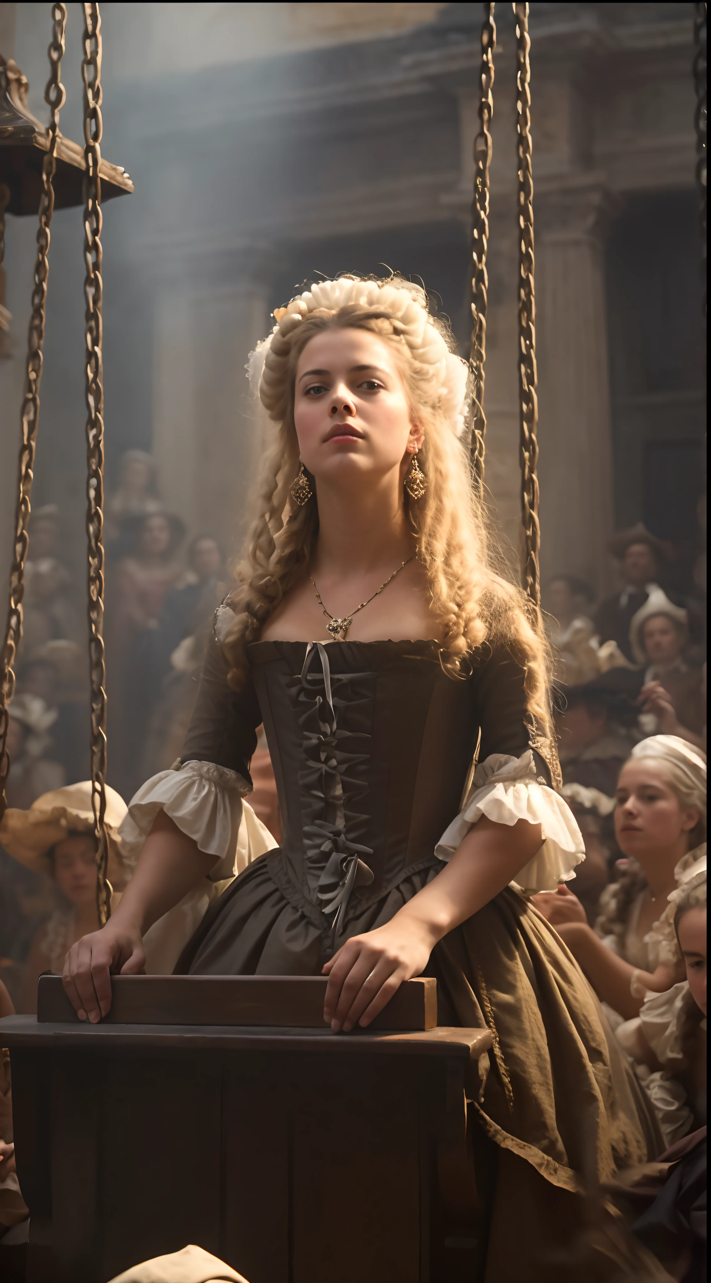 Foto RAW, foto retrato Marie Antoinette in a dress sitting on a swing, a portrait, inspired by Jean-François de Troy, shutterstock, baroque, movie screencap, female blacksmith, samara weaving, brown corset, 1666, cinestill 8 0 0, marie antoinette, amazing beauty, b, pirates, 1647, sombras duras, Cinematic Shot, dramatic lighting