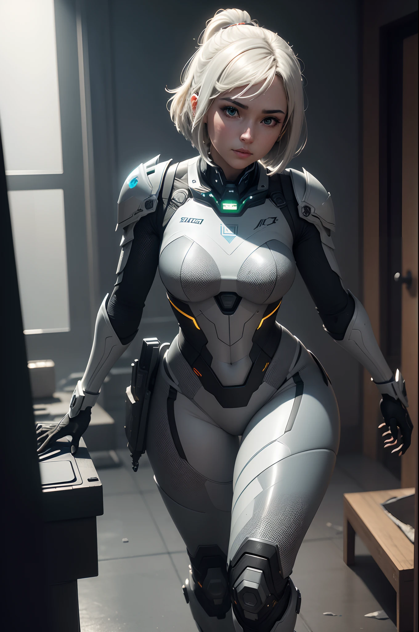 ((best quality)), ((master part)), (Very detailed: 1.3), ....3d, Shitu-Mecha, corpo inteiro, 1 mulher bonita, sorrir, short hair, mech vestindo a cor verde, (Standard snakeskin wick), (claws on hands and feet), ruins of a city in the forgotten war, tecnologia antiga, HDR (high dynamic range), ray tracing, NVIDIA RTX, super resolution, Unreal 5, Subsurface scattering, Textura PBR, Post-processing, anisotropic filtering, profundidade de campo, Maximum Sharpness and Acutance, texturas multicamadas, Mapas de Albedo e Destaque, surface shading, Precise simulation of light-material interactions, perfectly proportions, octane rendering, Duotone Lighting, ISO baixo, White balance, rule of thirds, ampla abertura, 8K BRUTO, high efficiency subpixels, Subpixel convolution, luminescent particles, espalhamento de luz, efeito tyndall --auto