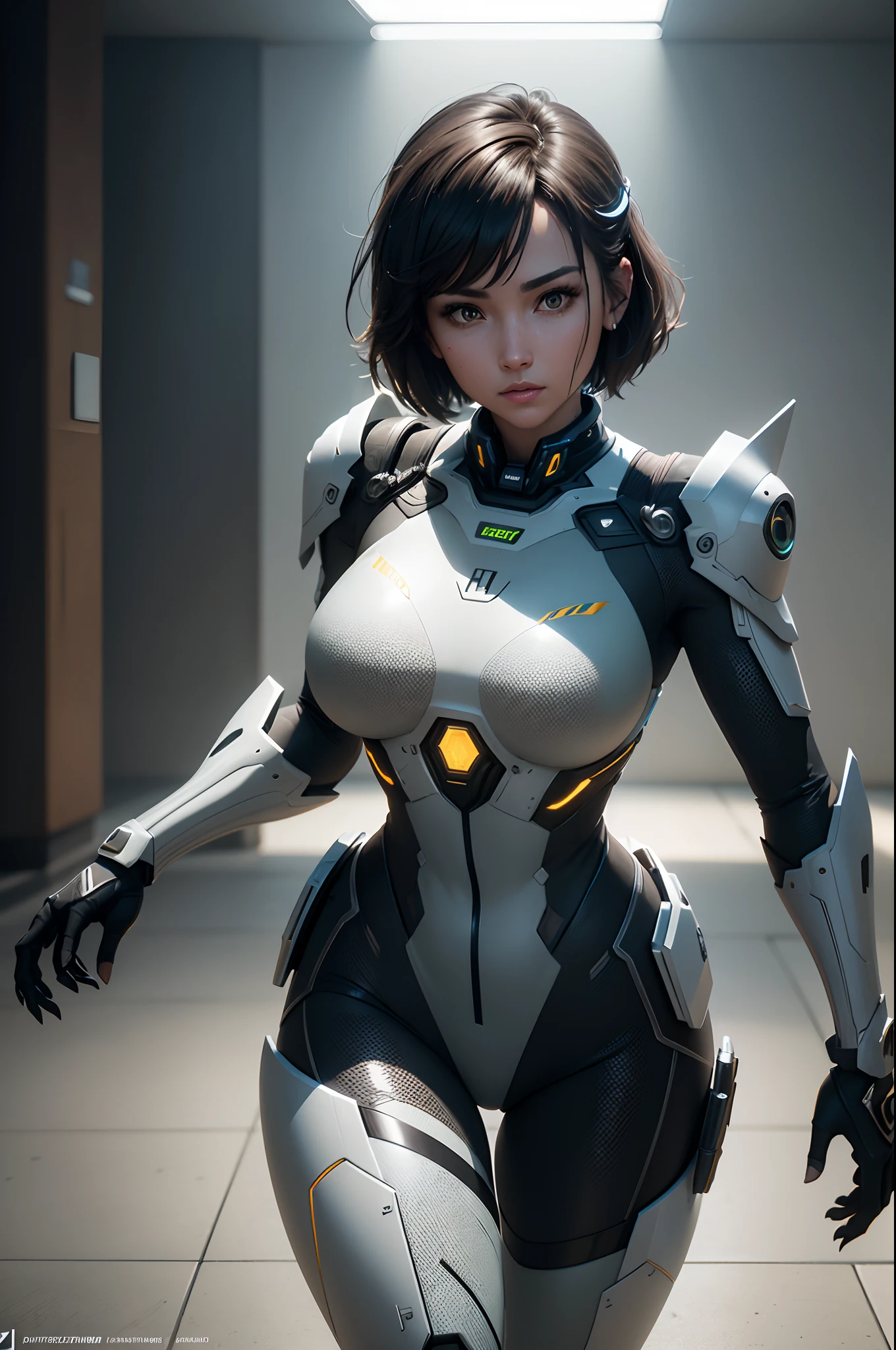 A female investigator who was remodeled into a bunny girl robot　A mechanical body designed with a bunny girl costume　looking surprised　A man is standing behind, UHD, retina, masterpiece, ccurate, anatomically correct, textured skin, super detail, high details, high quality, award winning, best quality, highres