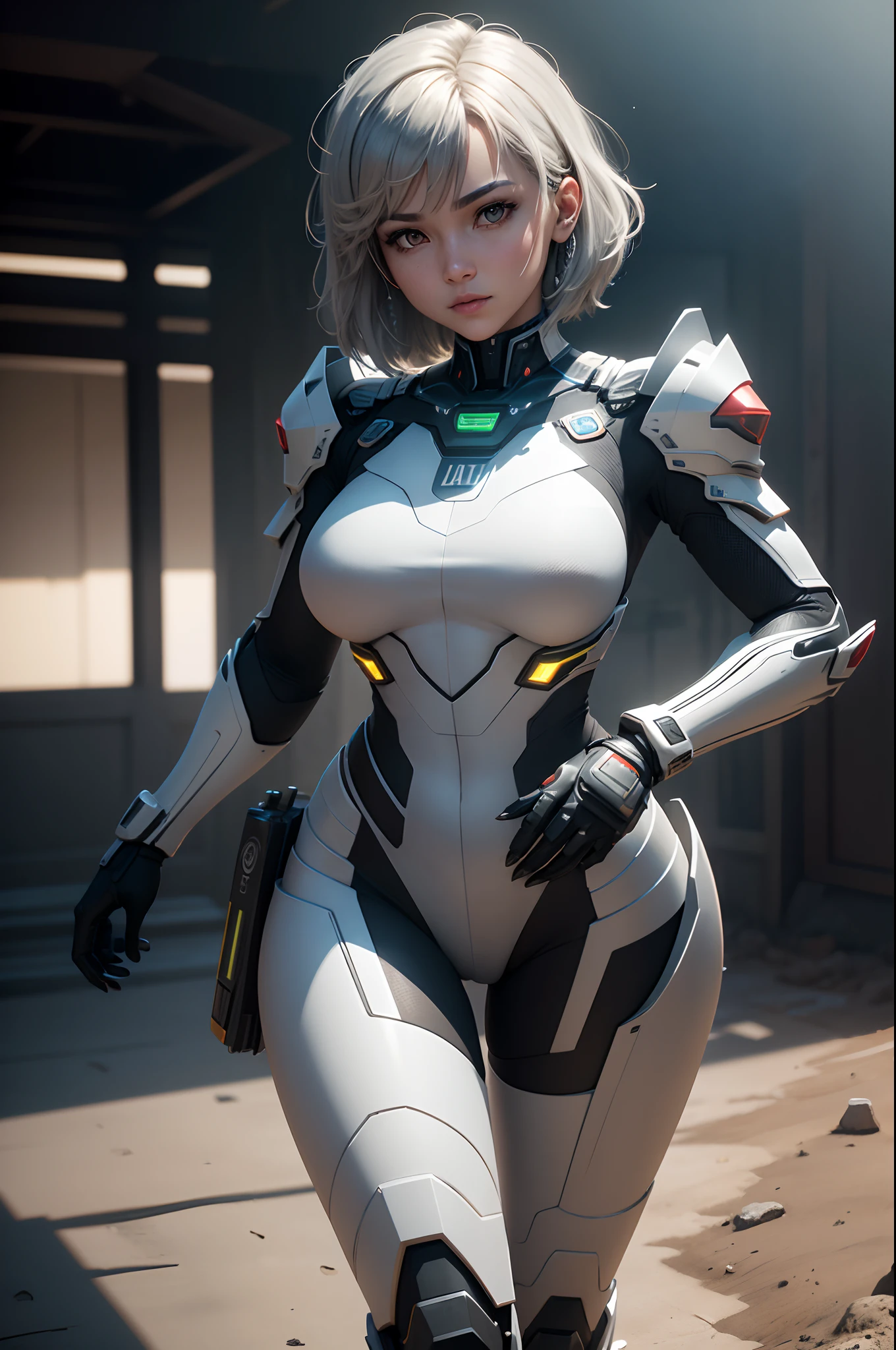 ((best quality)), ((master part)), (Very detailed: 1.3), ......3d, Shitu-Mecha, corpo inteiro, 1 mulher bonita, sorrir, short hair, mech vestindo a cor verde, (Standard snakeskin wick), (claws on hands and feet), ruins of a city in the forgotten war, tecnologia antiga, HDR (high dynamic range), ray tracing, NVIDIA RTX, super resolution, irreal 5, Subsurface scattering, Textura PBR, Post-processing, anisotropic filtering, profundidade de campo, Maximum Sharpness and Acutance, texturas multicamadas, Mapas de Albedo e Destaque, surface shading, Precise simulation of light-material interactions, perfectly proportions, octane rendering, Duotone Lighting, ISO baixo, White balance, rule of thirds, ampla abertura, 8K BRUTO, high efficiency subpixels, Subpixel convolution, luminescent particles, espalhamento de luz, efeito tyndall