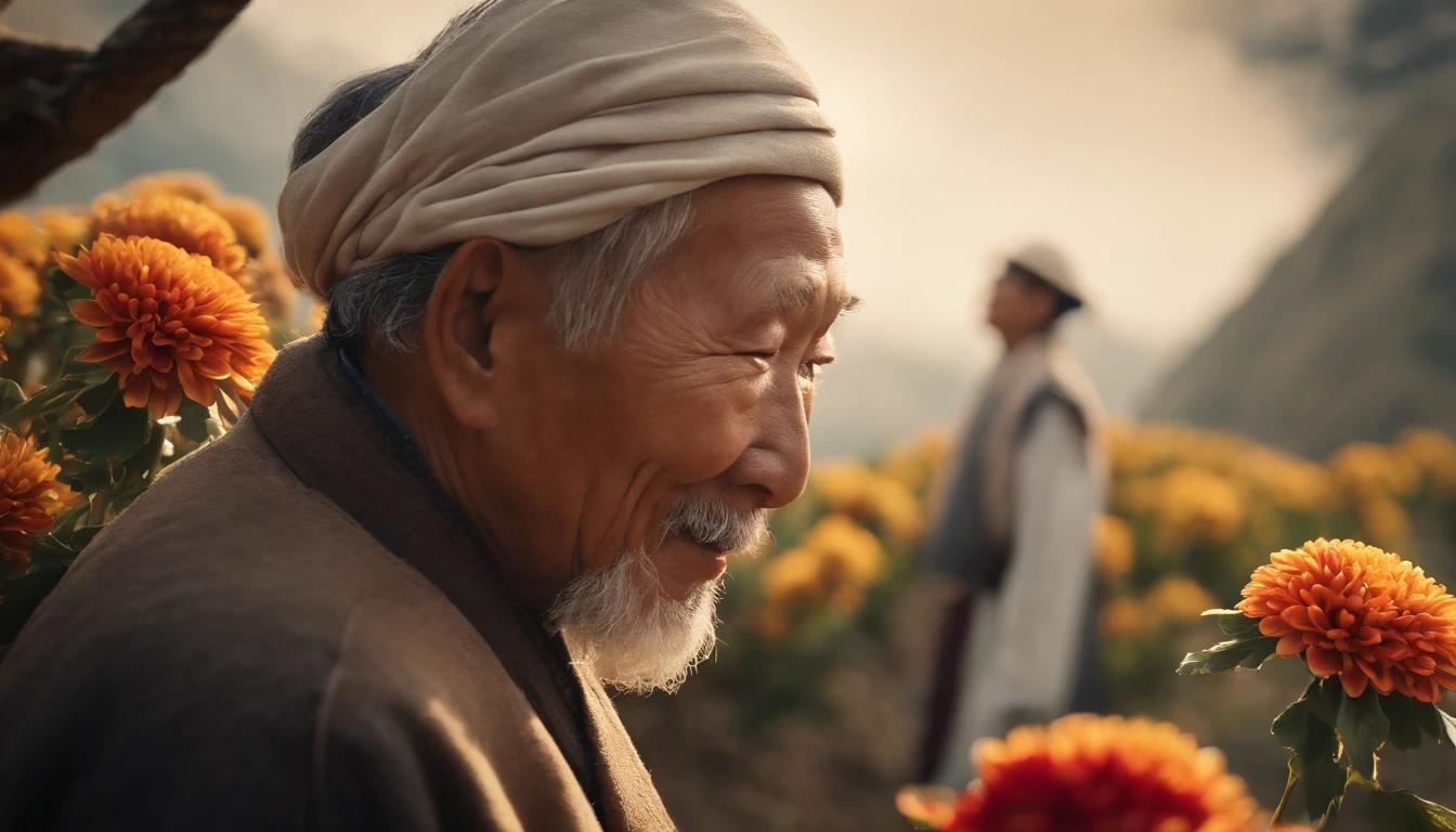 High quality, Masterpieces:1.2), illustration, An old Chinese man with a chrysanthemum on his head, Celebrate Double 9 with your eyes closed,A young man helped the old man smile， A lively chrysanthemum festival, Charming smile, Close-up of mountaineering in the distance