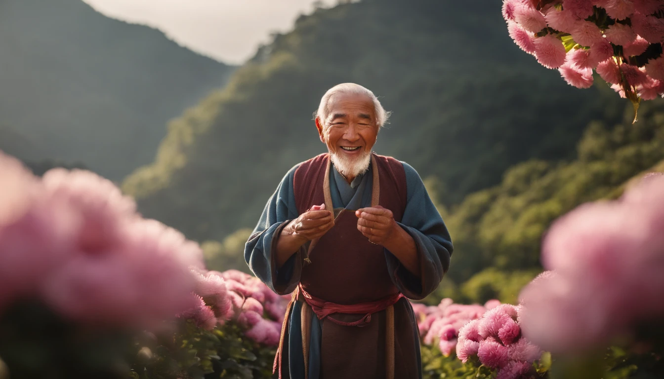 High quality, Masterpieces:1.2), illustration, An old Chinese man with a chrysanthemum on his head, Celebrate Double 9 with your eyes closed,A young man helped the old man smile, A lively chrysanthemum festival, Charming smile, Close-up of mountaineering in the distance