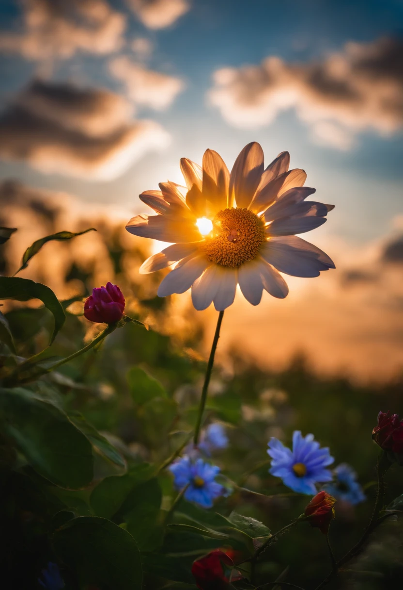 A lonely flower and blue sky,Clouds and the sun rises