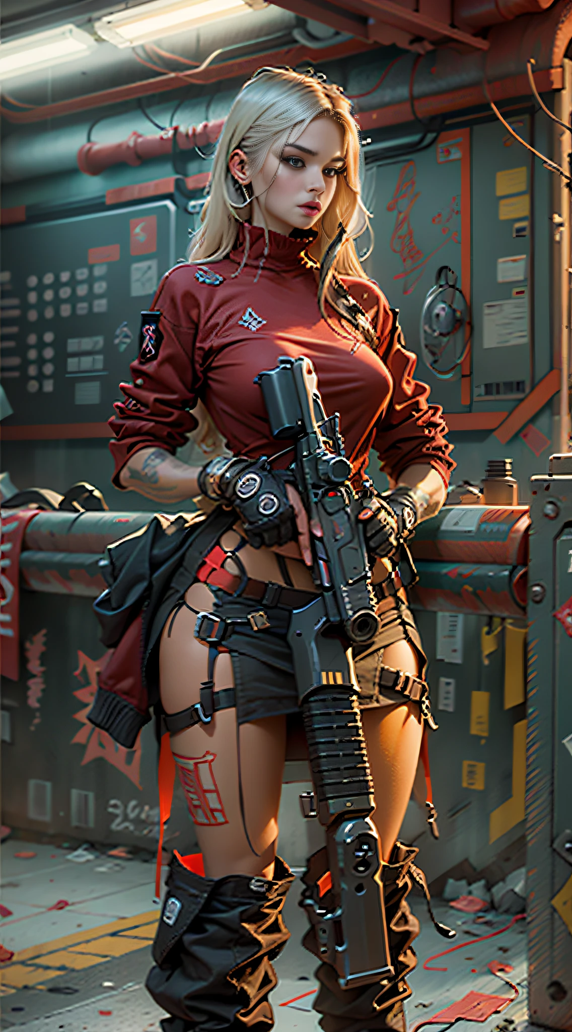 motor world,irreal:1.4,CG ultra realista 64K, fotorrealista:1.4, textura de la piel:1.4, obra maestra:1.4,Hermosa mujer con sombrero de pelo largo、pointing gun, futrastic gun, showing clevage, saggy breast,laser background, assault rifle, kalashnikov rifle, trigger_discipline, low-ready Ropa corta estilo cyberpunk bike,color amarillo, pantimedias red, sexzy elastic dress