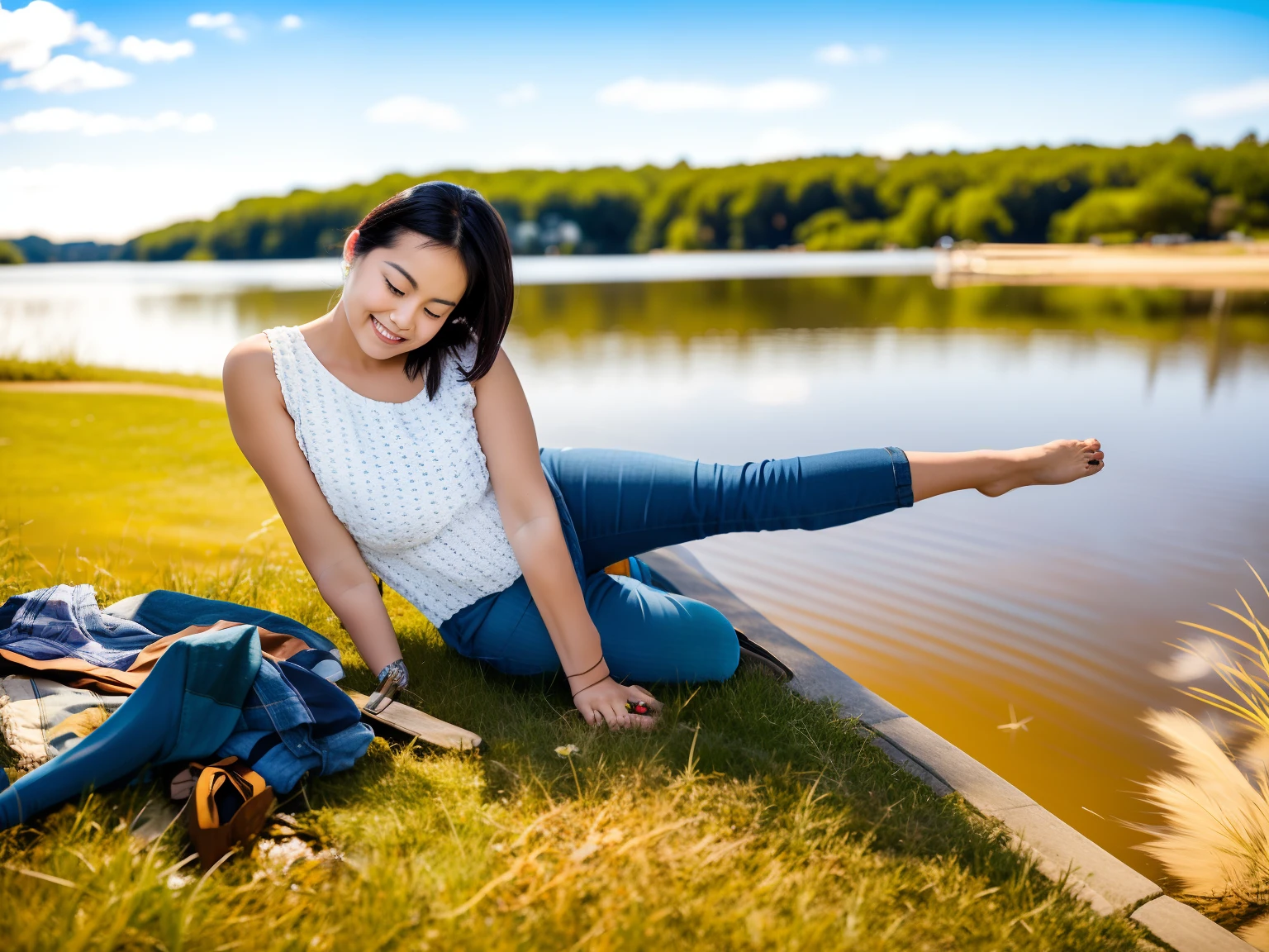 there is a woman sitting on the grass by the water, sitting in front of a lake, sitting at a pond, sitting on the ground, sitting near a river, casual pose, on a lake, lake in the background, standing next to water, in a park and next to a lake, at the park on a beautiful day, at the waterside