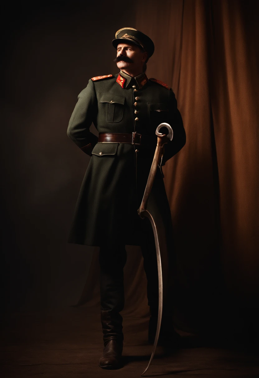 (a communist powerful figure:1.1),(heroic outfit),(black military boots),(holding a scythe),(with a large mustache:1.1),(profile pose),(super detailed),(high resolution),(vivid colors),(sharp focus),(studio lighting)