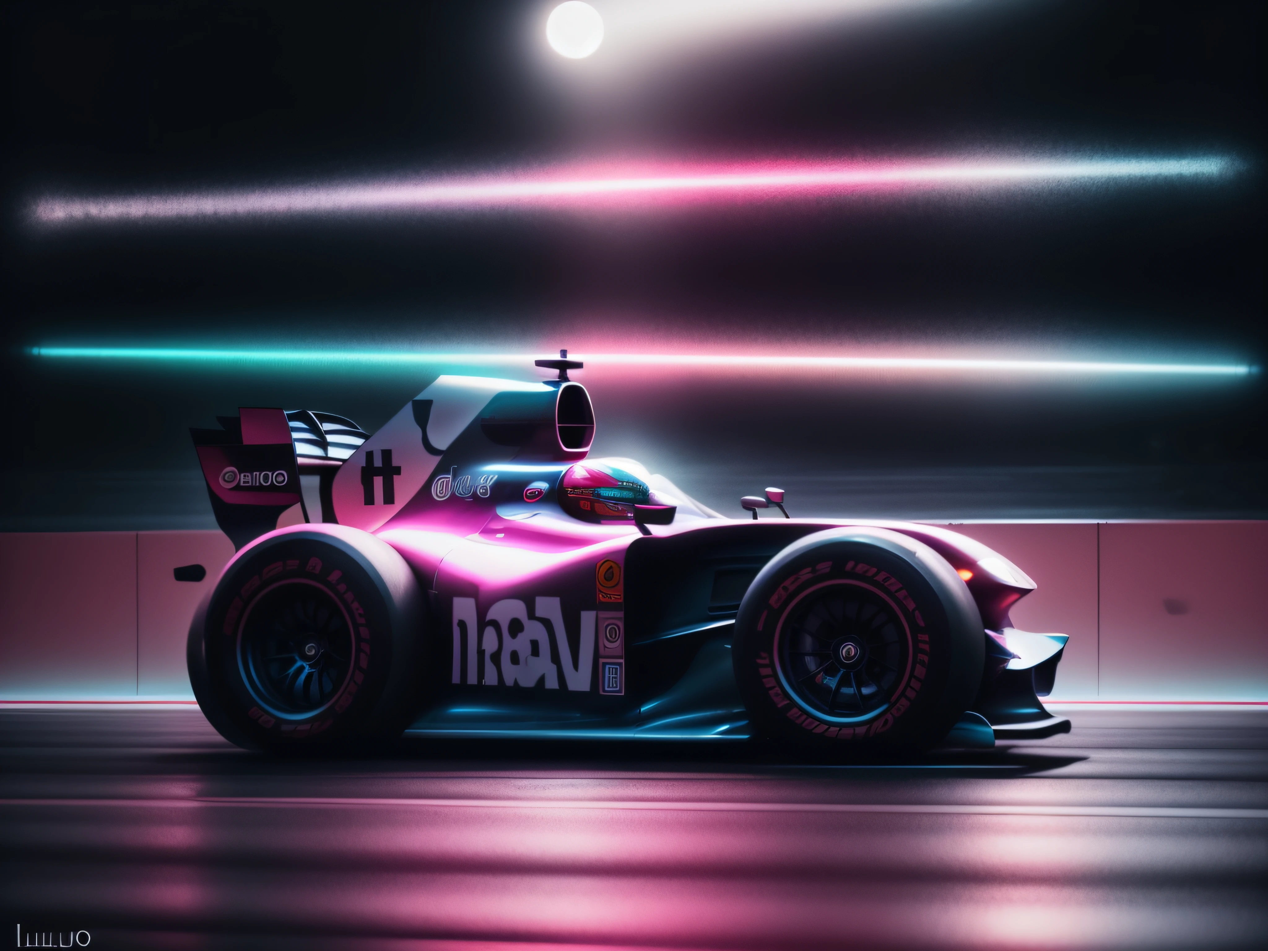 EStilo futurista, luces de neon, Un primer plano de un coche f1, fondo futuristico de noche nevando, luces de neon, cuerpo ancho, Surrealist illustration, Arte oscuro surrealista, obra maestra, hiperrealista, lluvia, alta definicion