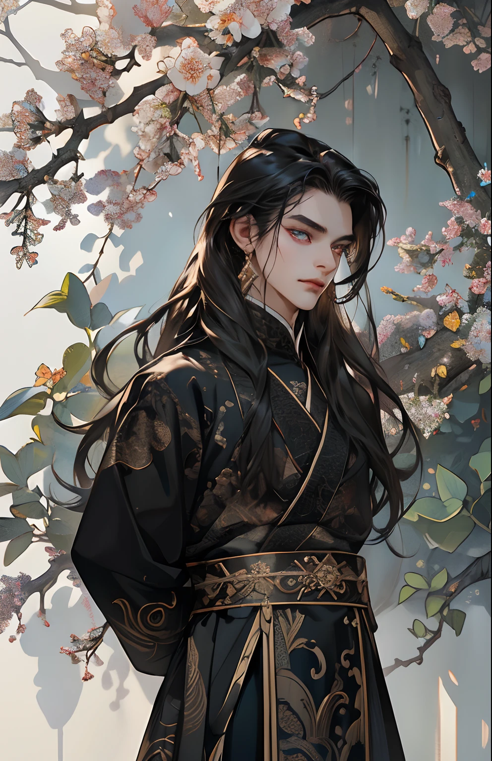 (extreamly delicate and beautiful:1.2), 8K, (tmasterpiece, best:1.0), , (LONG_darkr_HAIR_MALE:1.5), Upper body body, a long_haired male, cool and seductive, evil_gaze, wears opened hanfu, half-nudity_chest and intricate detailing, and intricate detailing, finely ((Perfect symmertical eyes:1.5)) and detailed face, Perfect eyes, Equal eyes, Fantastic lights and shadows、white room background、 Uses backlight and rim light