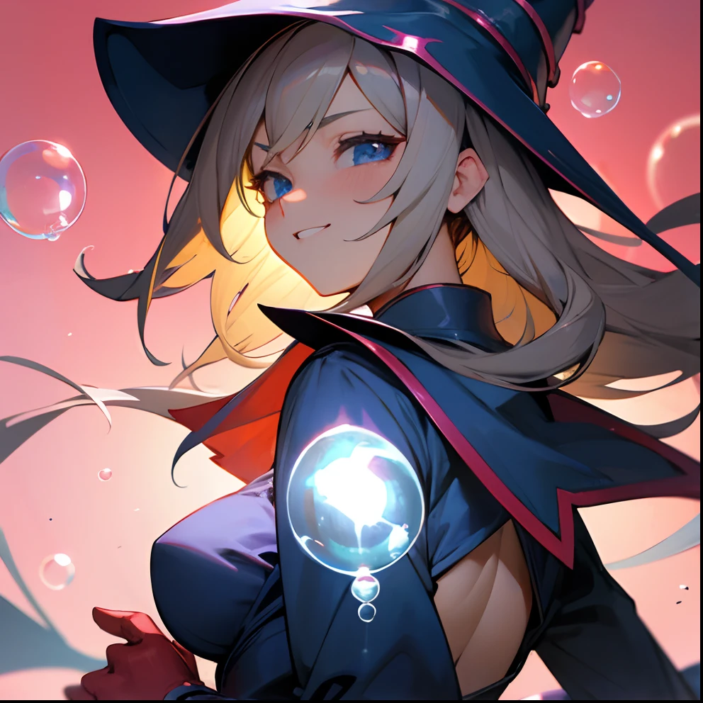 Dark Magician Girl、MKSKS style、独奏、(highly detailed back ground:1.0)、(highly detailed back ground:1.0)、masterpiece、top-quality、超A high resolution、8K、Since a while ago、BREAK、(1/2 and 1 brown/2 Silver hair)、BREAK、Detailed clothing、Crimson dress、Detailed skin、glowy skin、A detailed eye、Blue eyes、looking in camera、Burning cheeks、Grinning、Large breasts、BREAK、(soap bubbles:1.2、Seven-colored background:1.1)、dynamic ungle