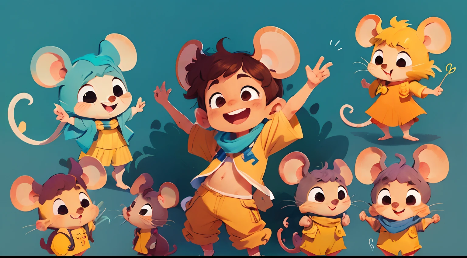 (((Pimpão is a little mouse))), um sorriso encantador, Wearing a small yellow and blue scarf around her neck, His eyes are bright, Expressivo, multiple poses, fundo branco, Pimpão and friends having fun, mostrando a alegria da camaradagem.