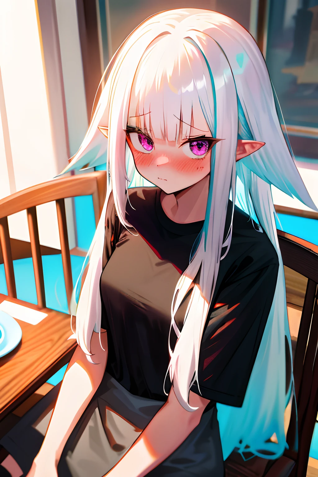 One girl with long hair, white hair, looking at viewer, embarrassed, blushing, oversized naked black t shirt, t shirt only, pointy ears, sit on, chair, dinning table, dinning room, food