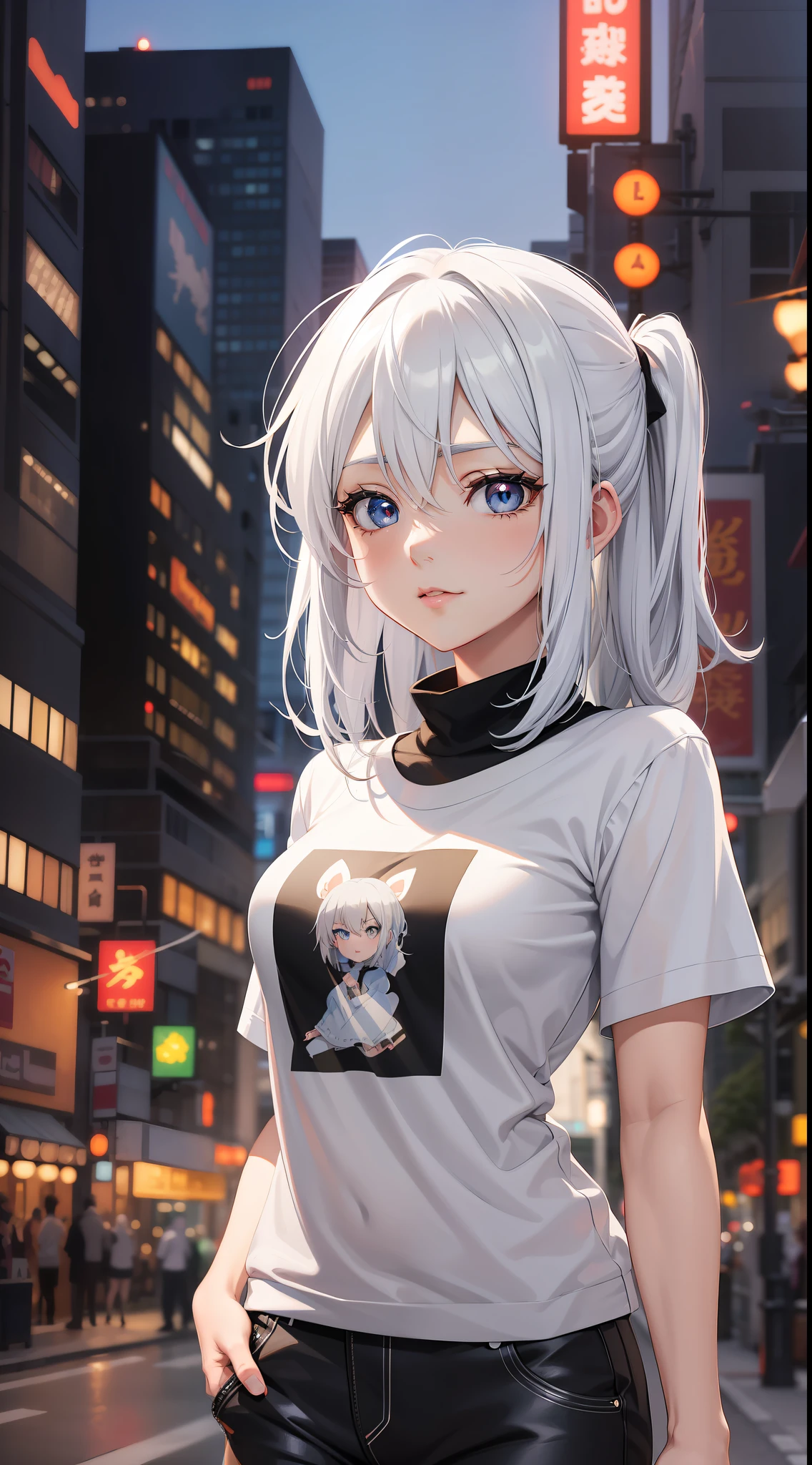 Anime girl with white hair and blue eyes in the city, seductive anime girl, T-shirt, perfect girl with white hair, girl with white hair, detailed digital anime art, beautiful anime girl, anime style 4 K, anime art wallpaper 8 K, beautiful and attractive anime woman, advanced digital anime art, beautiful anime woman, 4k anime wallpaper, anime art wallpaper 4k, gray hair, orange light sign, big led light, orange background, black and white dalmatian dog