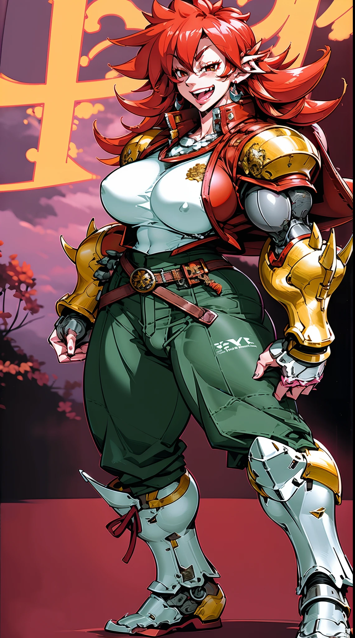 tomboy, warrior, berserker, tall female, muscular female, living hair, sauvage,, medieval clothing, fantasy, fantasy weapon, huge breasts, barbarian pants, , combat boots, armor, red hair, crazy smile, open mouth, biceps, necktie, thick arms,pullover, solo focus, long hair, , crazy smile, long hair, pants, noble cloths, noble clothing, french cloths, very long hair, BOOTS, full body, pink lips, hime cut