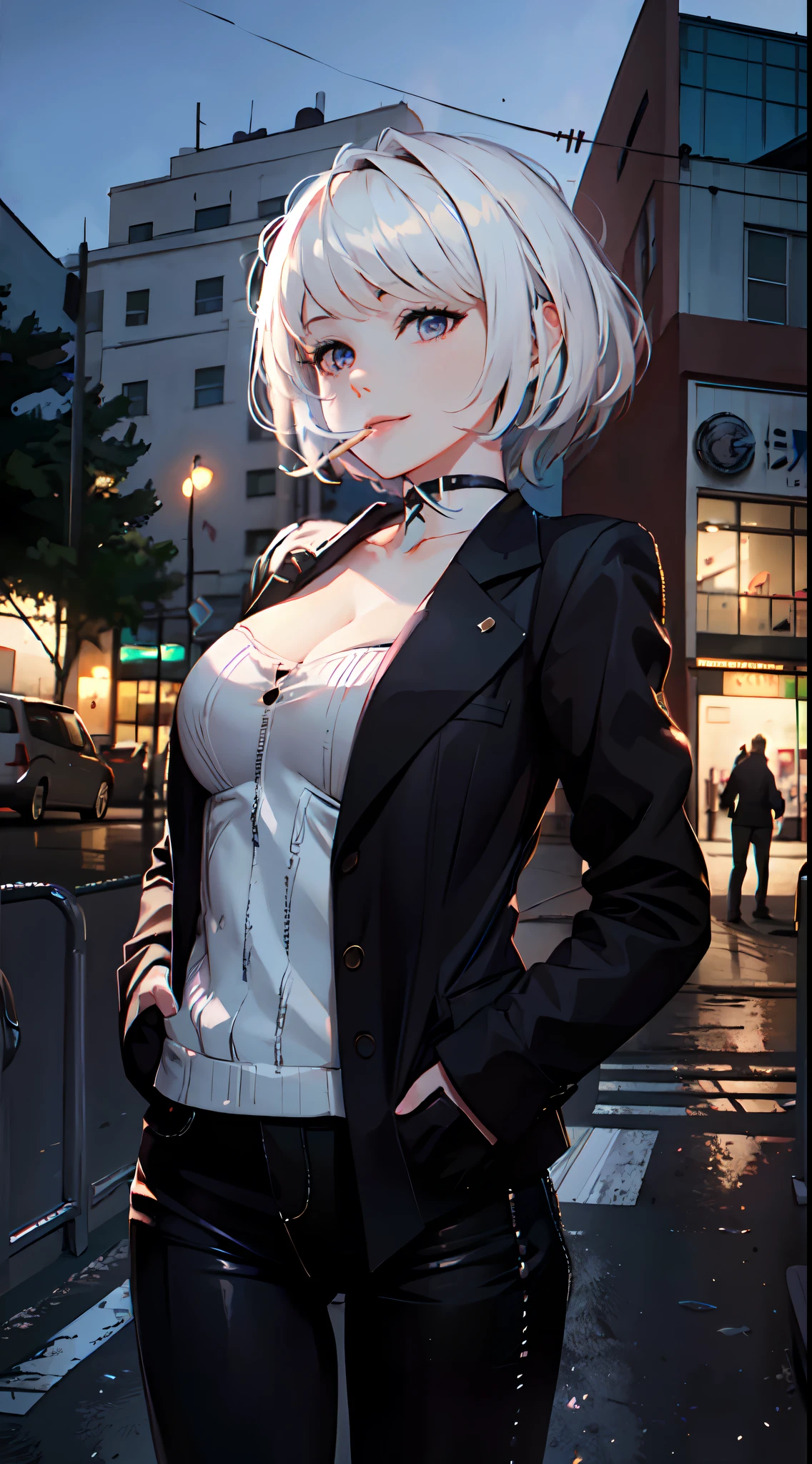 (masterpiece, best quality:1.2), cowboy shot, solo, 1girl, white hair, short wavy hair, purple eyes, average breasts, slender body, light smile, looking at viewer, hand in pockets, formal, suit, cleavage, black pants, choker, cityscape scenery, street, night light, night time, smoking cigarette, cigsmoker