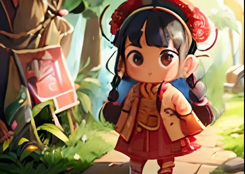 A girl, big eyes, high nose, cherry mouth, Zhuang traditional jacket has patterns, light blue dress embroidered patterns. Cloth Shoes, shoes embellished with Zhuang people style embroidery. Her hair has bangs and long braids, is adorned with colorful silk threads, and she wears a silver bracelet and delicate earrings. There are flowers and trees around, drying racks and colorful cloth