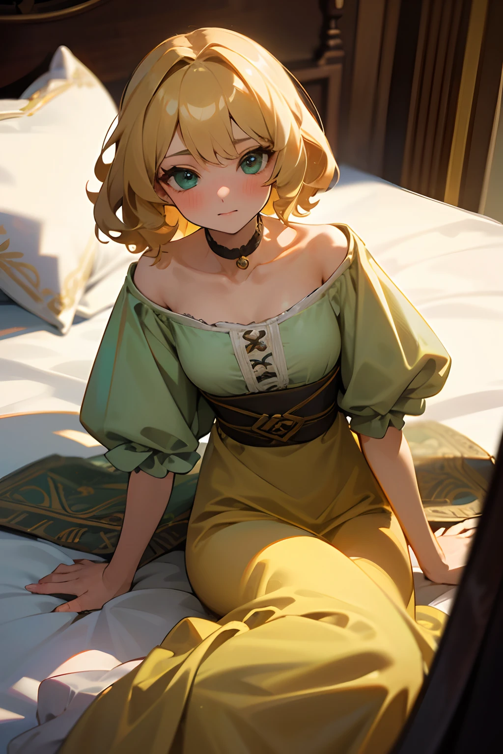 (masterpiece:1.2, absurdres, highest quality, intricate details), (1girl), blonde hair, green eyes, curly medium hair, slight blush, choker, beautiful eyes, random clothes, emerald [ear piercing], sitting on a bed, random pose, perfect body, perfect face