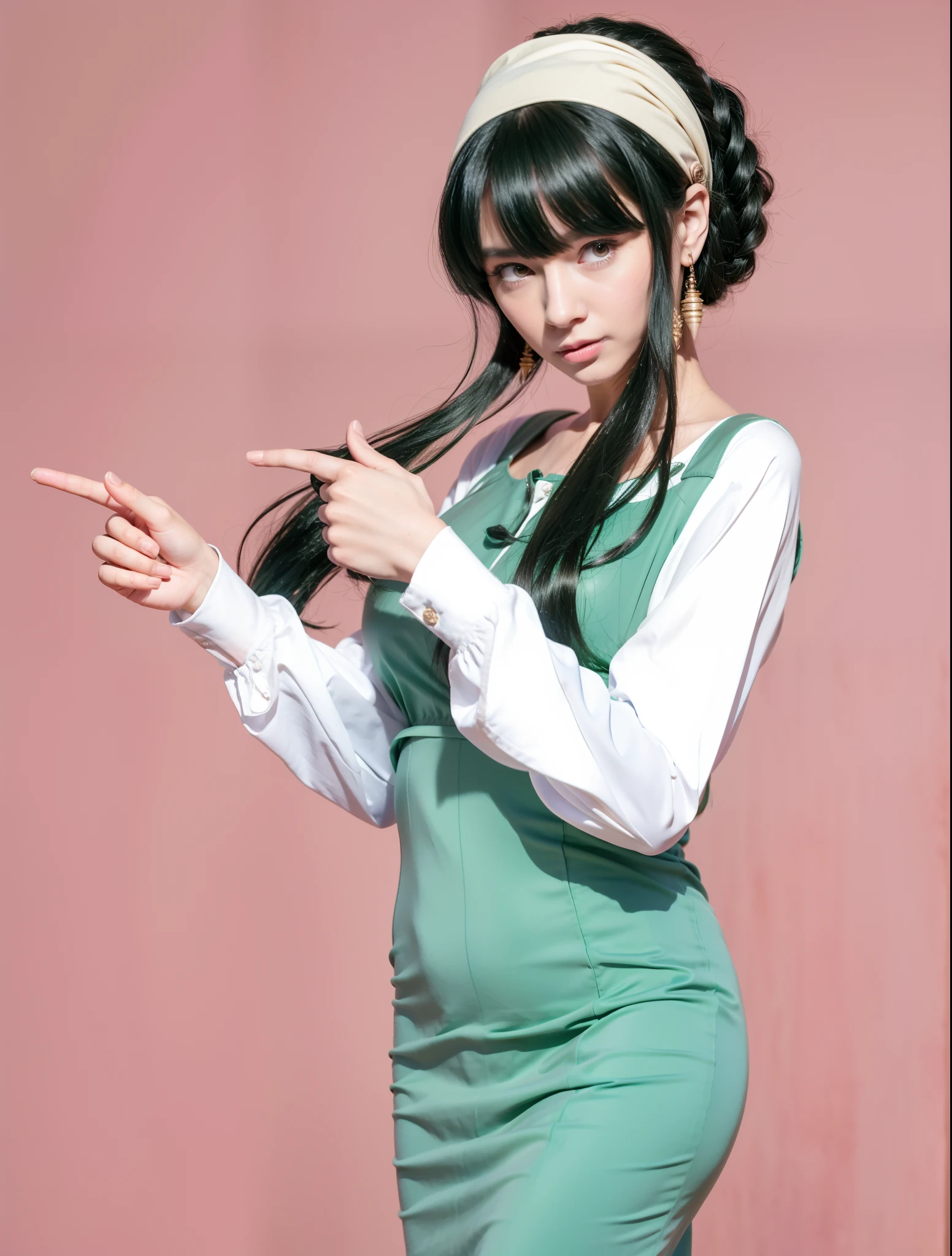 a woman in a green dress pointing at something, with index finger, yor forger, High quality image, masterpiece, detailed hair texture, detailed skin texture, detailed cloth texture, 8k, add fabric details, ultra detailed skin texture, ultra detailed photo, skin pores, cloth details, high skin details, realistic hair details