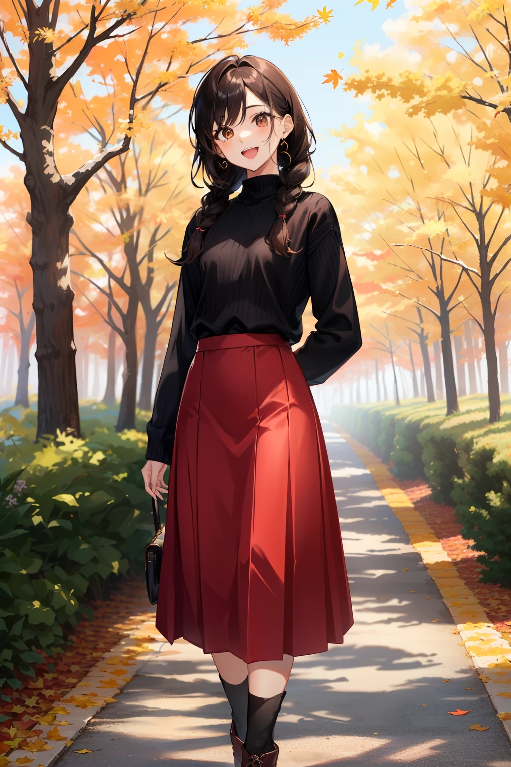 high quality, detailed, girl, dark blown hair, twin braid, (round eyes:1.3), dark brown eyes, looking at viewer, happy, :d, from front, standing, above ankle, small breasts, (sweater:1.4), long sleeves, (long skirt:1.5), dark red skirt, black legwear, leather ankle boots, (arms behind back:1.1), autumn, forest, path