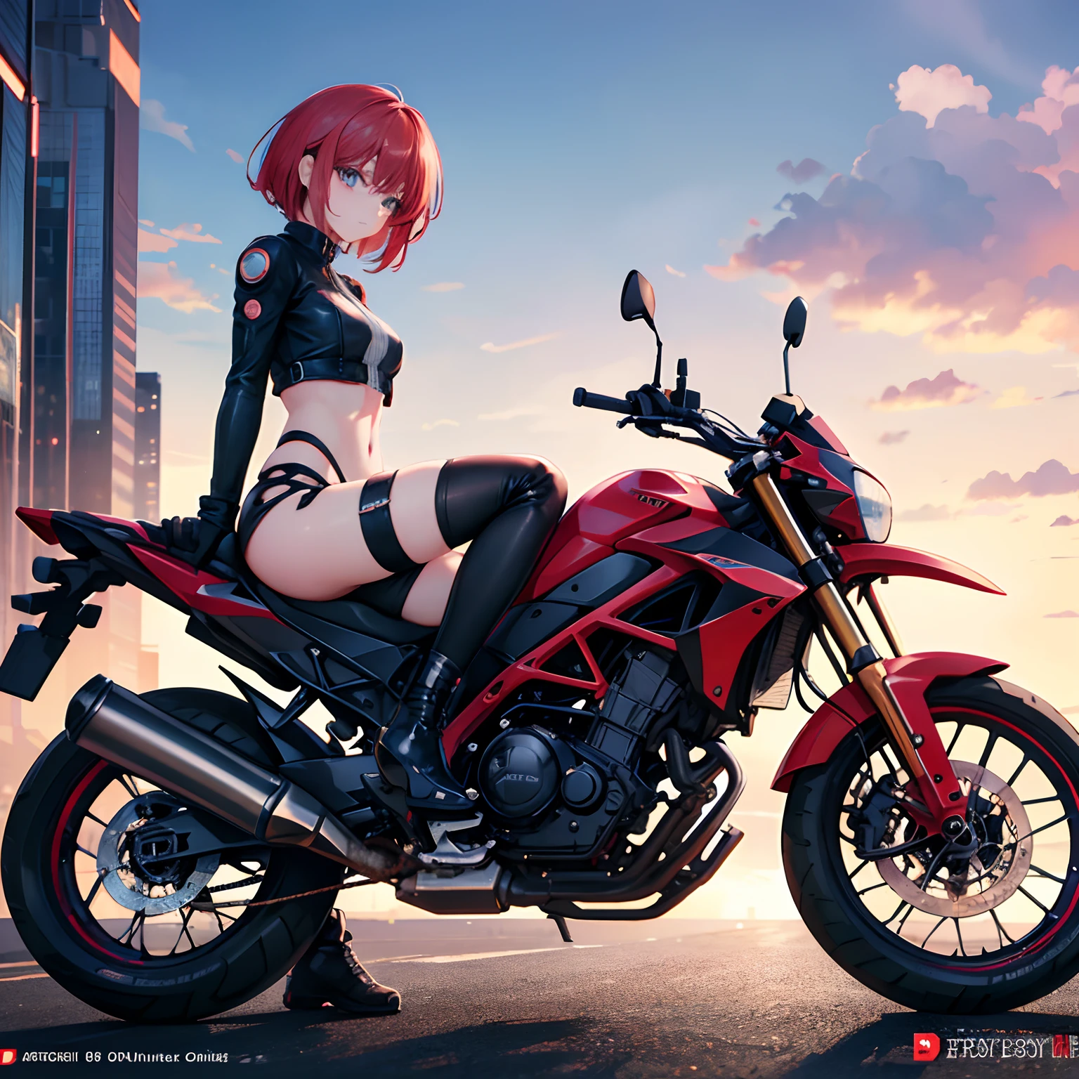 Official art, Unity 8k Wallpapers, ultra-detailliert, Beautiful and aesthetic, masterpiece, top-quality, realist, shorth hair, red hairs, Off-road bikes, motor bikes, natta, Cyberpunk City View, Spectacular screen, Leather Bodysuit、Exposed limbs、highleg、Open to the chest