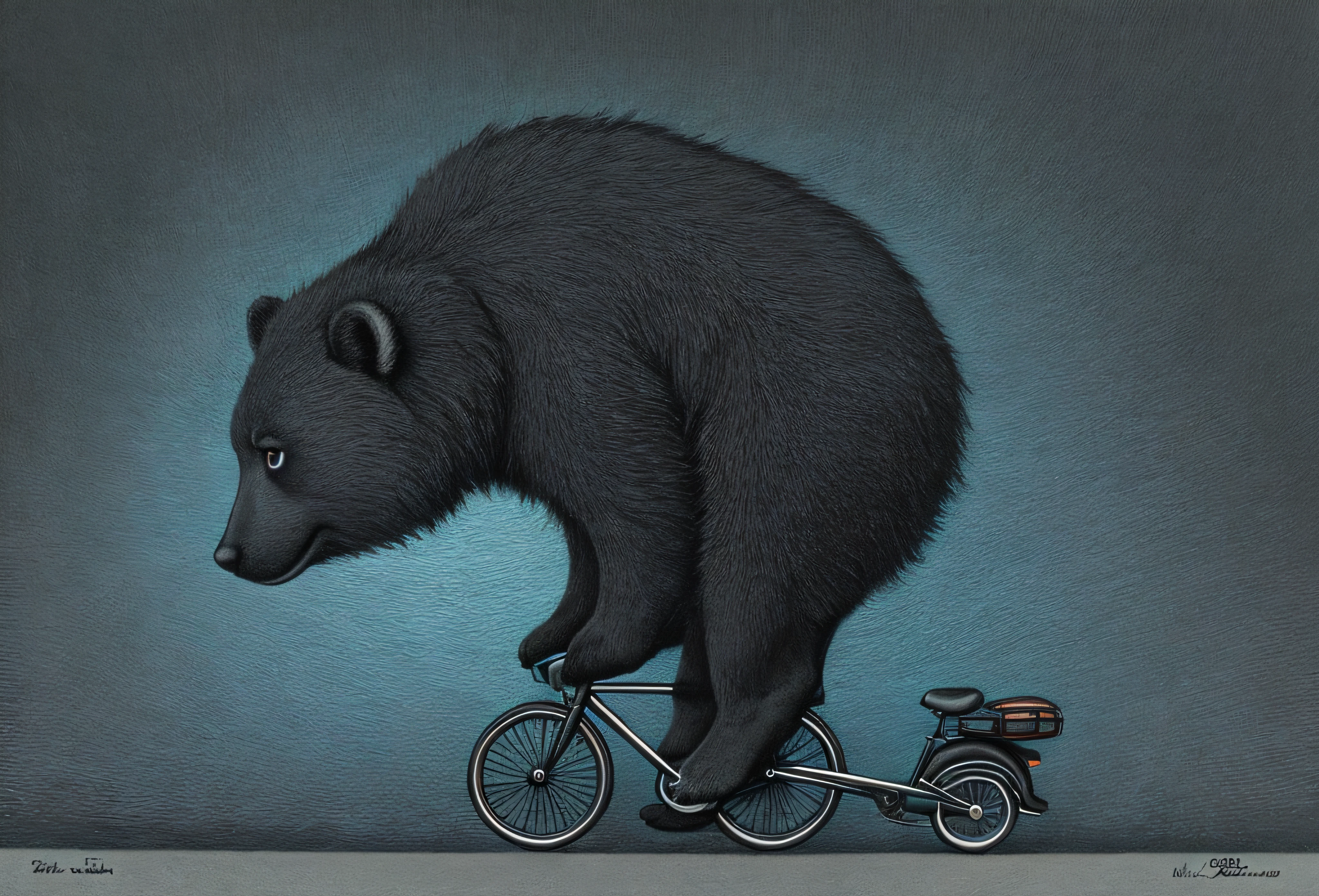 Dibujo de un oso montando en bicicleta con un coche de juguete cerca, by Adam Marczyński, por Bencho Obreshkov, Por Laszlo Paal, Hand drawn illustration, por pal balkay, Lt. Václav Brožík, by Ota Bubenicek, Surrealist illustration, Arte oscuro surrealista, Estilo Mark Ryden, Mark Ryden muy detallado, Estilo de Mark Ryden, Naoto Hattori, Surrealismo pop lowbrow, Mark Ryden en el estilo de, benjamin lacombe, Surrealismo pop Lowbrow Art Style, Arte lowbrow, por Mark Ryden