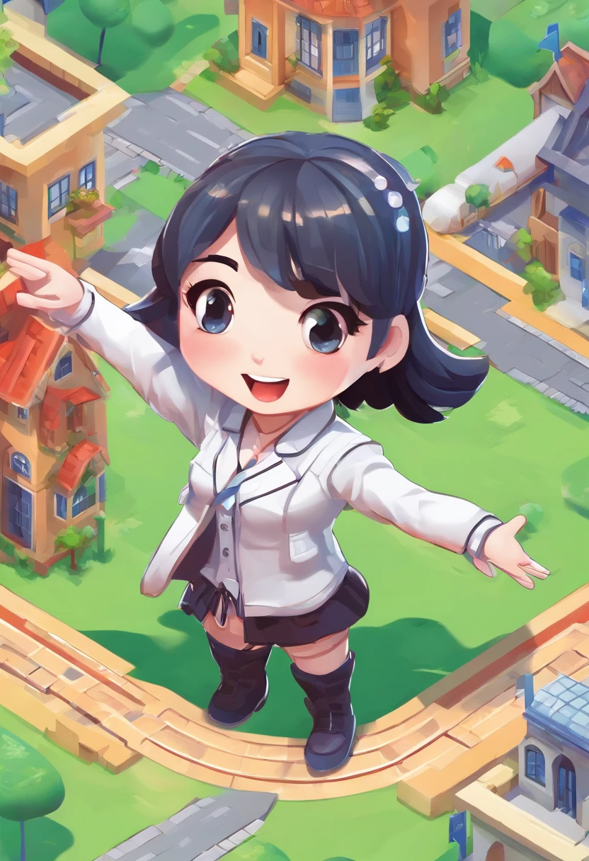 masterpiece, high quality, rpg character, cute chibi girl pointing at one direction, vector, white background, clear background, character vector, white on background,