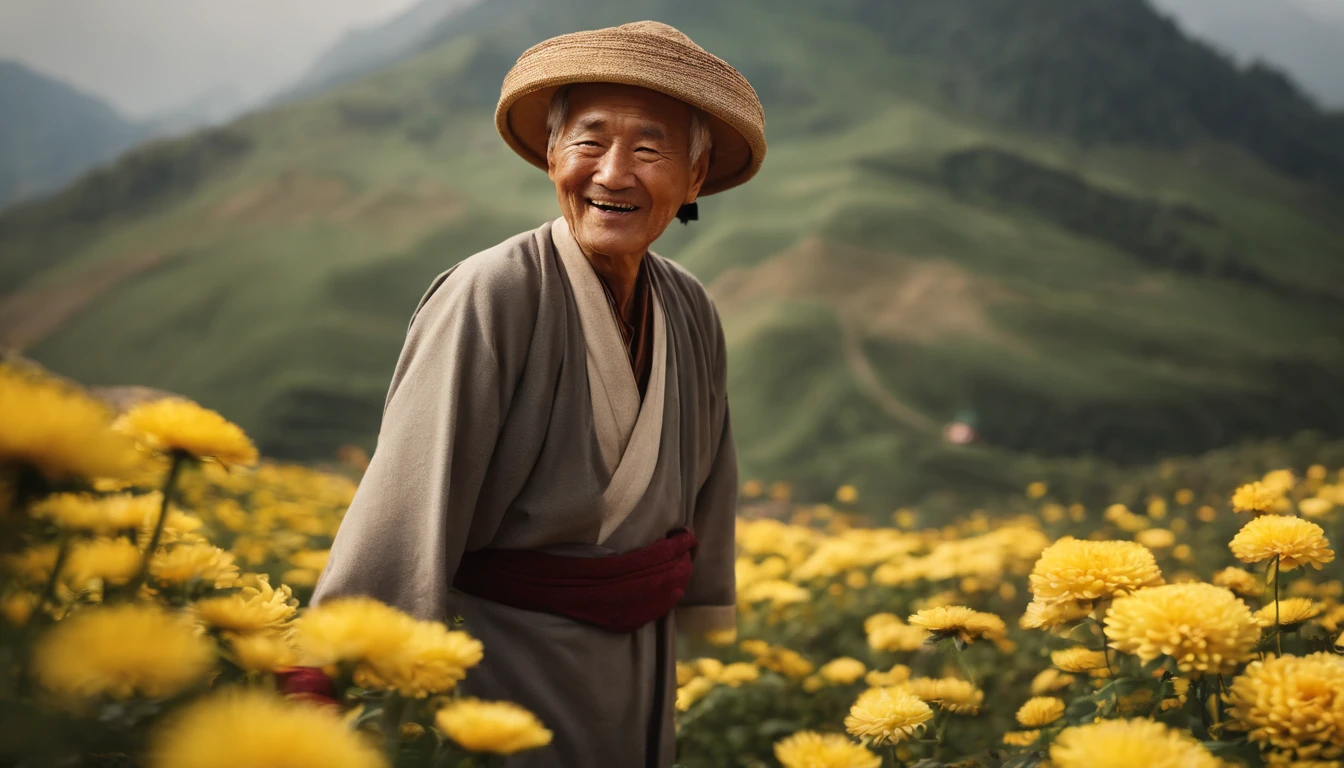 High quality, Masterpieces:1.2), illustration, An old Chinese man with a chrysanthemum on his head, Celebrate Double 9 with your eyes closed,Young people help the old man smile, A lively chrysanthemum festival, Charming smile, Close-up of mountaineering and elevation in the distance