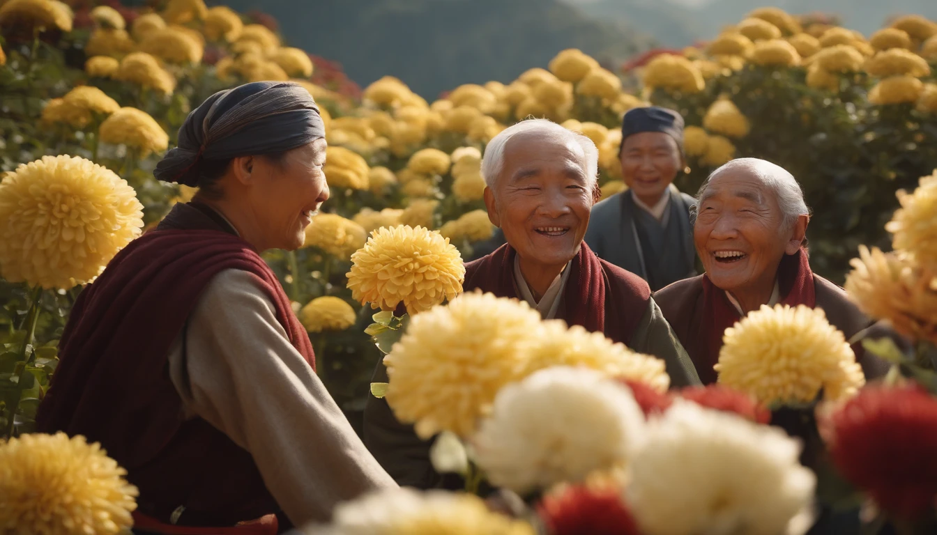 High quality, Masterpieces:1.2), illustration, An old Chinese man with a chrysanthemum on his head, Celebrate Double 9 with your eyes closed,Young people help the old man smile， A lively chrysanthemum festival, Charming smile, Close-up of mountaineering and elevation in the distance