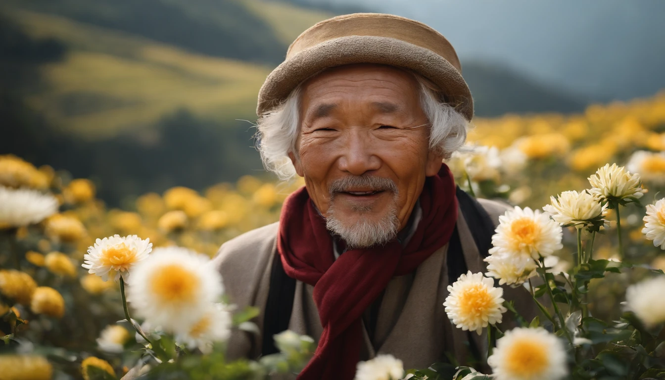 High quality, Masterpieces:1.2), illustration, An old Chinese man with a chrysanthemum on his head, Celebrate Double 9 with your eyes closed,Young people help the old man smile, A lively chrysanthemum festival, Charming smile, Close-up of mountaineering and elevation in the distance