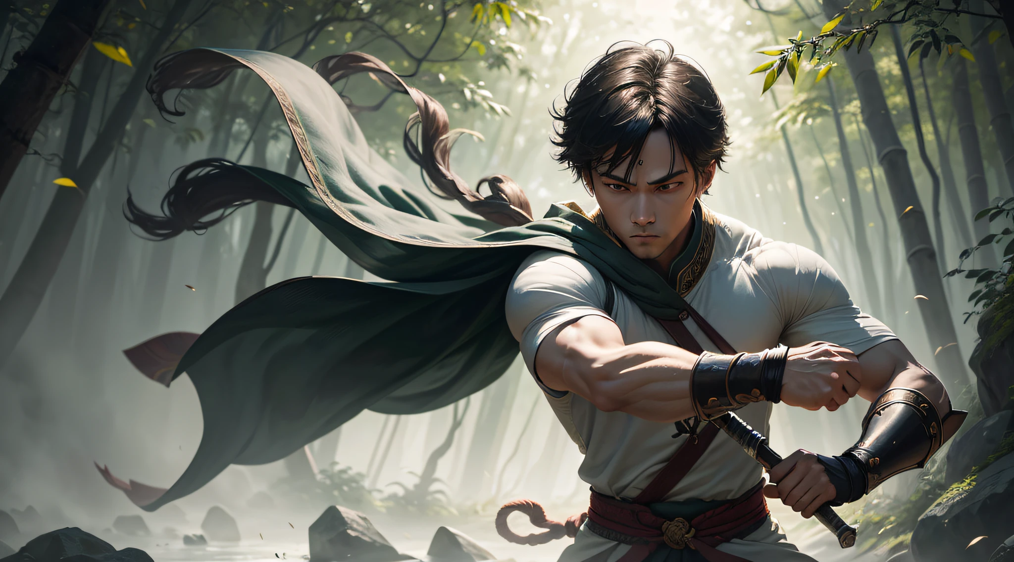a master swordman, battling with elegance in a serene bamboo forest, expertly deflecting each strike with precision, swift and graceful moves, striking with deadly accuracy, the sound of clashing swords echoing through the air, a light breeze rustling the leaves, sunlight filtering through the dense foliage, creating a dappled effect on the ground, the swordsman's eyes shining with focused determination, the gleaming blade reflecting the light, the atmosphere filled with tension and anticipation, capturing the essence of the ancient art of swordsmanship, a perfect balance between power and finesse, a timeless scene frozen in a moment, a tribute to the spirit of the warrior. (best quality,4k,highres),ultra-detailed,physically-based rendering,professional, vivid colors,sharp focus,portraits,luminous color tones,subtle color grading.