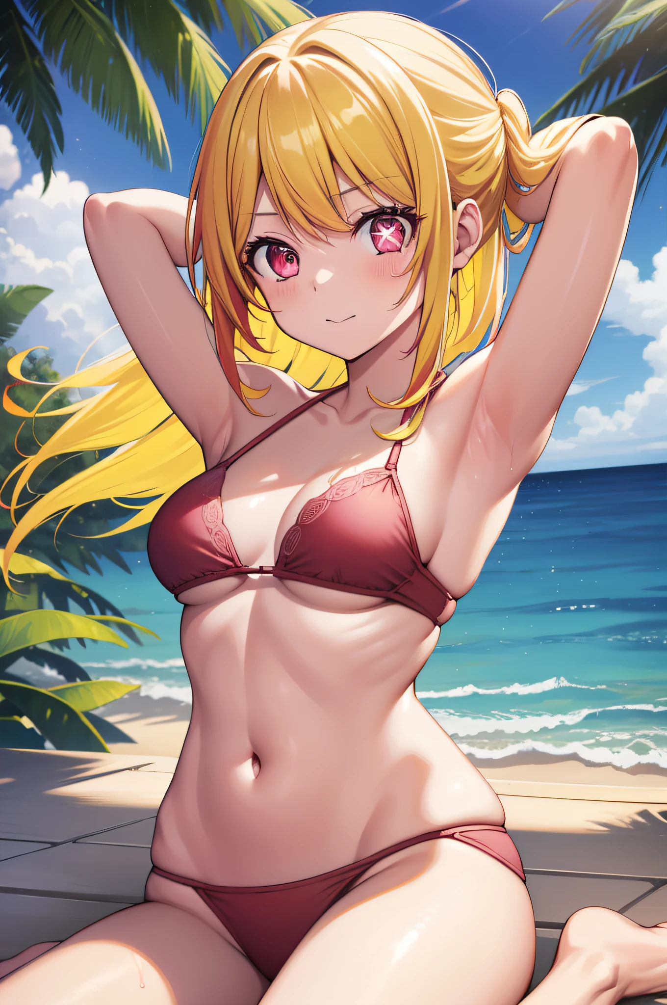 1girl, ruby hoshino, (yellow hair:1.5), long hair, (pink eyes:1.5), sidelocks, (Star pupil in left eye:1.3), (Pink right eye:1.3),
BREAK (red bikini:1.2), medium breasts, Naked, Exposed skin, Wet skin, (arms behind head, armpits),
BREAK (sea:1.2), beach, (solar:1.2), morning
BREAK looking at viewer,
BREAK (masterpiece:1.2), best quality, high resolution, unity 8k wallpaper, (illustration:0.8), (beautiful detailed eyes:1.6), extremely detailed face, perfect lighting, extremely detailed CG, (perfect hands, perfect anatomy)