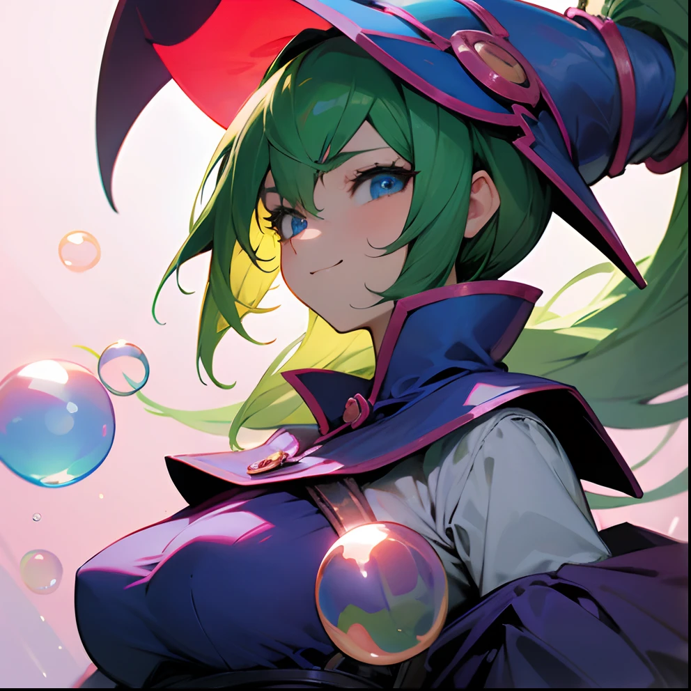 Dark Magician Girl、MKSKS style、独奏、(highly detailed back ground:1.0)、(highly detailed back ground:1.0)、masterpiece、top-quality、超A high resolution、in 8K、BREAK、(1/2 and 1 brown/2 Green hair)、BREAK、Detailed clothing、White shirt、Detailed skin、glowy skin、A detailed eye、Blue eyes、looking in camera、Burning cheeks、smile、Large breasts、BREAK、(soap bubbles:1.2)、dynamic ungle、Bright lighting