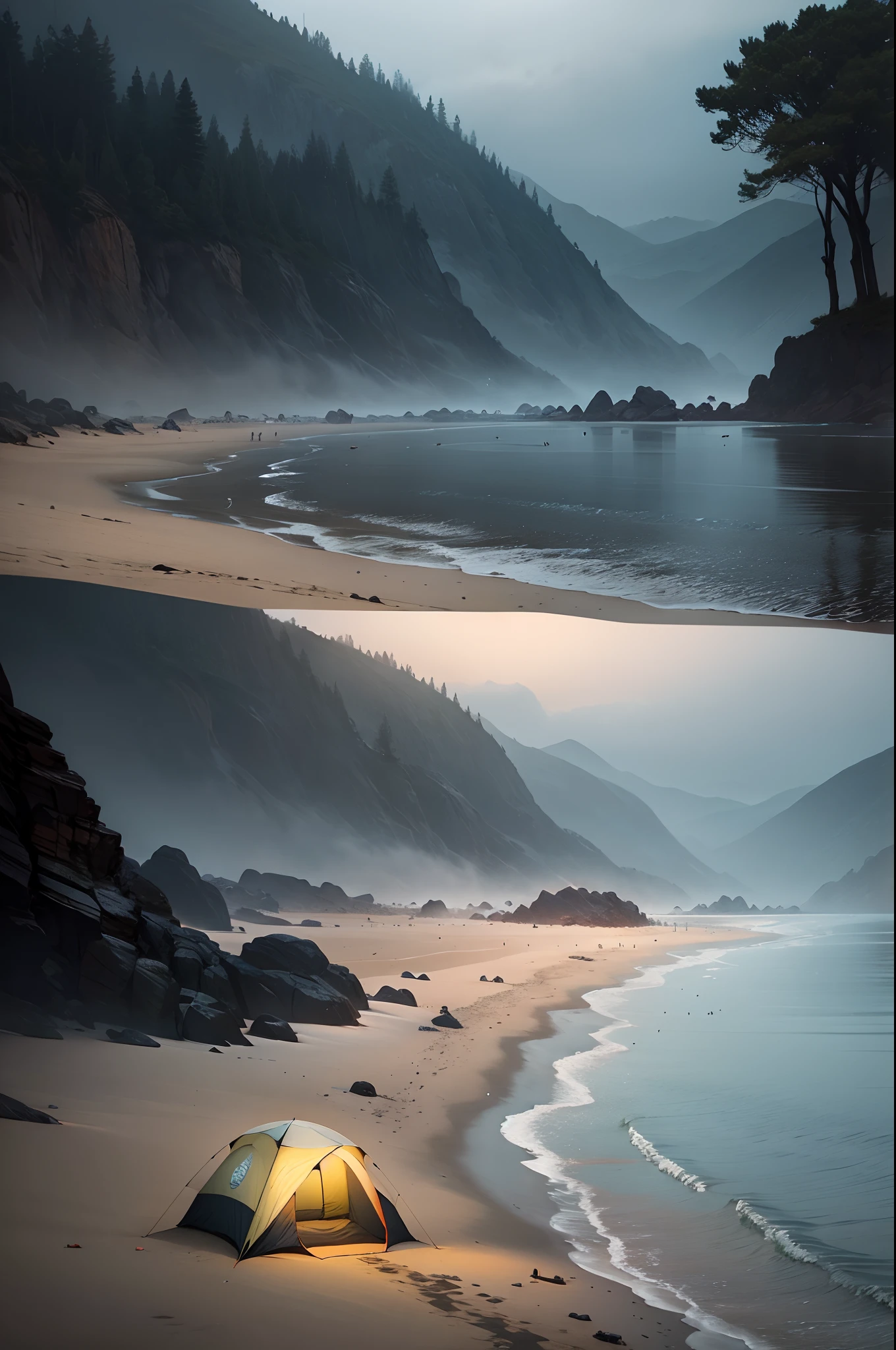 a camping tend in the middle of a deserted beach, misty, rainy, lonliness