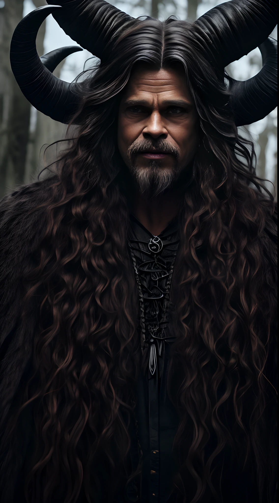 gothic Brad Pitt with curly ram horns, bushy fur, hairy facial, evil grin, Halloween theme, close up, gnarly trees background, full moon, large pumpkin carved into face, photorealistic, hyperrealism, professional photography, DSLR, HDR, holographic emerging from 2D to 3D --auto