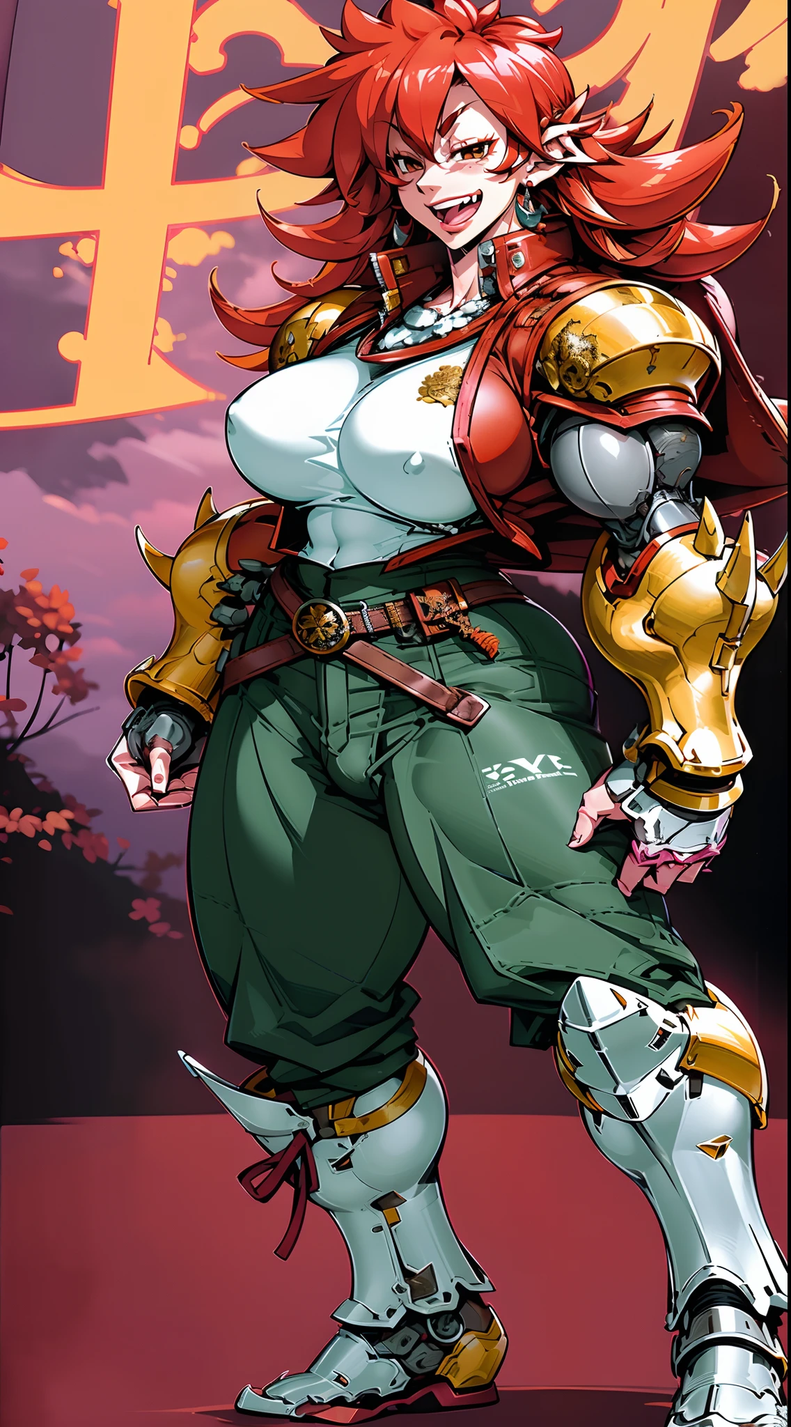 tomboy, warrior, berserker, tall female, muscular female, living hair, sauvage,, medieval clothing, fantasy, fantasy weapon, huge breasts, barbarian pants, , combat boots, armor, red hair, crazy smile, open mouth, biceps, necktie, thick arms,pullover, solo focus, long hair, , crazy smile, long hair, pants, noble cloths, noble clothing, french cloths, very long hair, BOOTS, full body, pink lips, hime cut