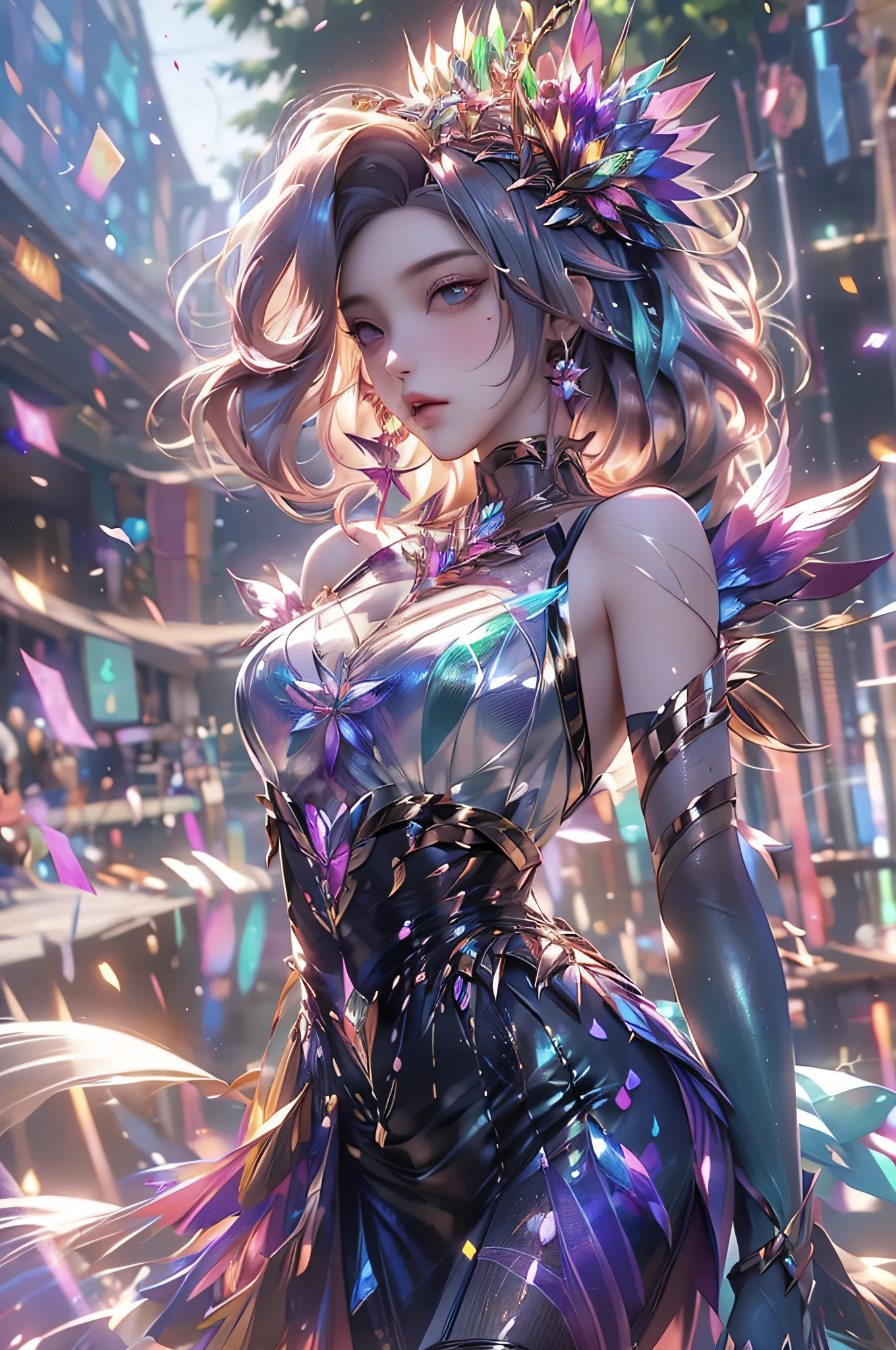 a beautiful woman, peach hair, Surrounded by trees, see-through dress, hair exploding into multicolored flowers, finely detailed features, intricate brush strokes, beautiful lighting,  Cinematic, Color Grading, Depth of Field, intricate details, Unreal Engine, Character Concept Art, creative, expressive, stylized anatomy, digital art, 3D rendering, unique, award-winning, Adobe Photoshop, 3D Studio Max, well-developed concept, distinct personality, consistent style, HW*