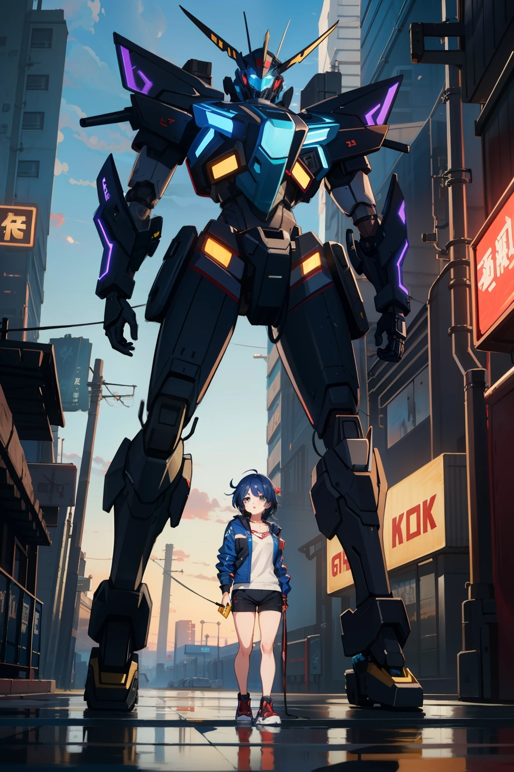 anime girl in short shorts and jacket standing next to giant robot, artwork in the style of guweiz, cyberpunk anime girl mech, trending on cgstation, guweiz, by Russell Dongjun Lu, digital cyberpunk anime art, ross tran 8 k, guweiz on artstation pixiv, girl in mecha cyber armor