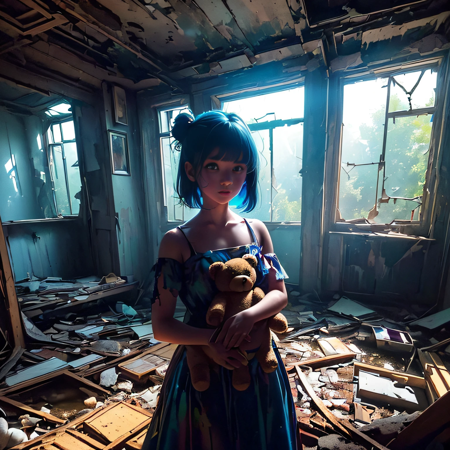 (((High quality))), (((Ultra-detailed))), ((half body Shot)), a little girl with teddy bear, ((blue Glowing eyes)), ((looking distantly)), ((Light is illuminating the head)),, Inside an abandoned house, ((Sunlight shines through a broken window in the background)), (((psychedelic lights flit around the ruined abandoned room))),