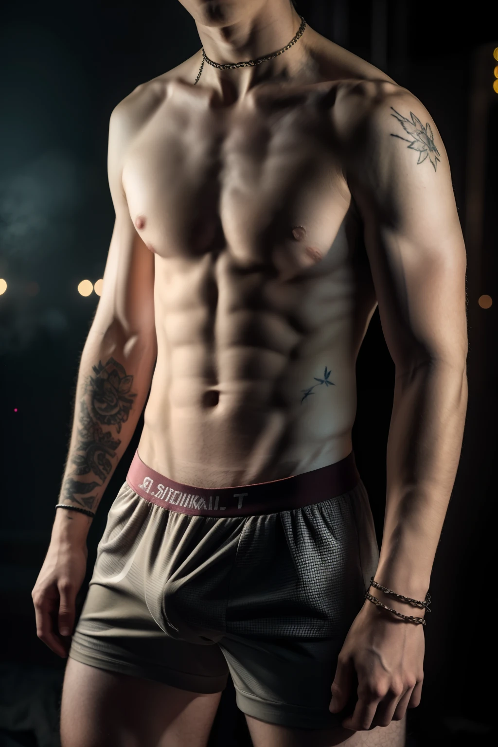 male, 16yomospheric, S.T.A.L.K.E.R style, fog, chromatic aberration, sexy masculine square face, chainlet, tight patterned boxers, skinny body, fag, slave, dominated, bokeh, film, posing, film noise, knell, scars, tattoos