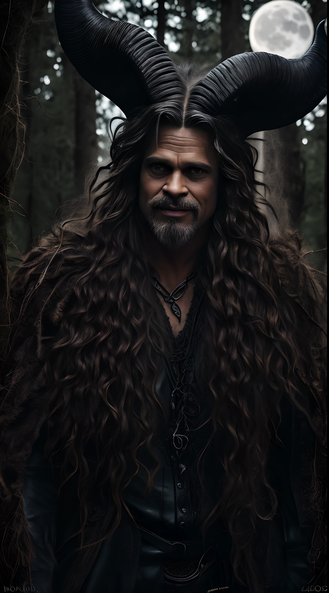 gothic Brad Pitt with curly ram horns, bushy fur, hairy facial, evil grin, Halloween theme, close up, gnarly trees background, full moon, large pumpkin carved into face, photorealistic, hyperrealism, professional photography, DSLR, HDR, holographic emerging from 2D to 3D --auto