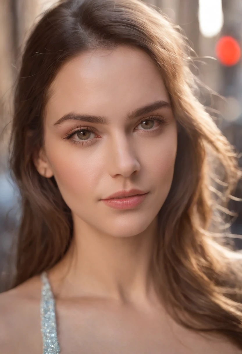 (Obra maestra, La mejor calidad), beautiful woman, Parte superior detallada con cuello de tortuga sin mangas, pantalones, minero, cabello ondulado, Rostro perfecto, Cara hermosa, Atractivo, Grandes ojos hermosos, boca abierta, contenido, Cuerpo ajustado perfecto, (al aire libre), Calles de la ciudad, Nueva York, Colores brillantes
