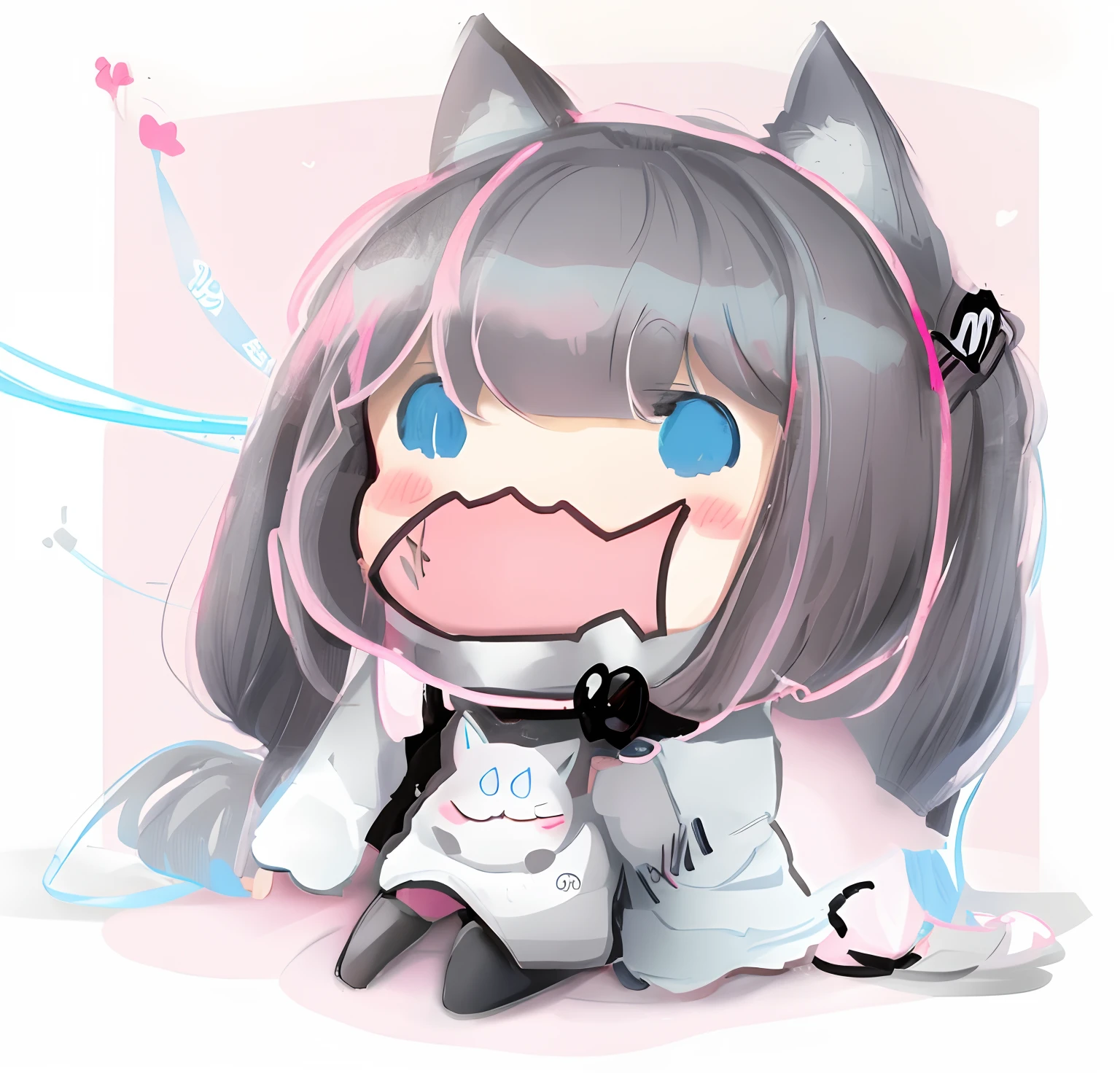there is a drawing of a cat with blue eyes and a pink bow, fat chibi grey cat, in style of cytus and deemo, anime cat, anime catgirl, [ conceptual art ]!!, cute!! chibi!!! catgirl, cute anime catgirl, anime moe artstyle, digital art from danganronpa, chibi monster girl, nekomimi