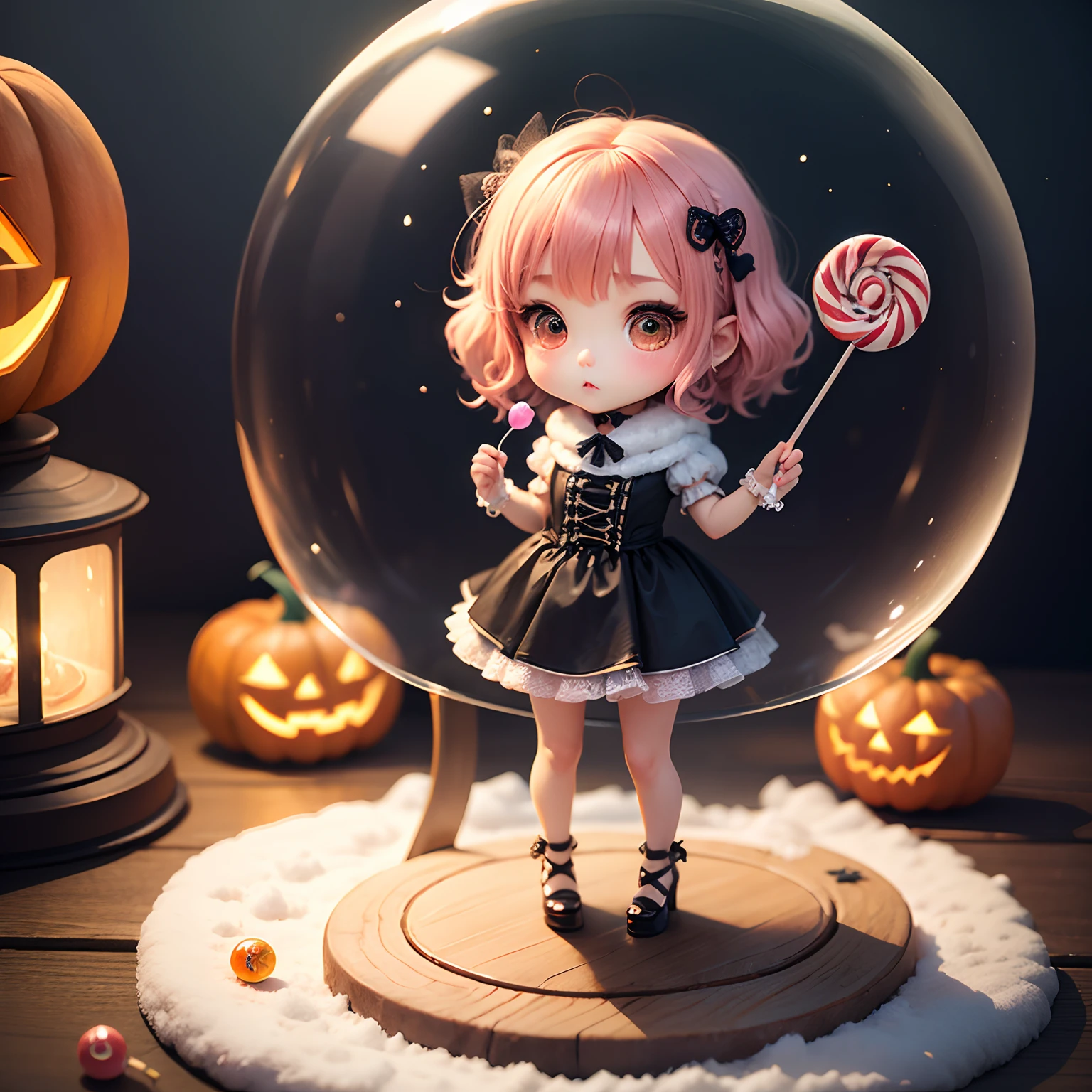 masterpiece、top-quality、ultra-detailliert、(Chibi Chara:1.2)、Snow globe、Halloween Cosplay、Lollipop Candy、Standing、
